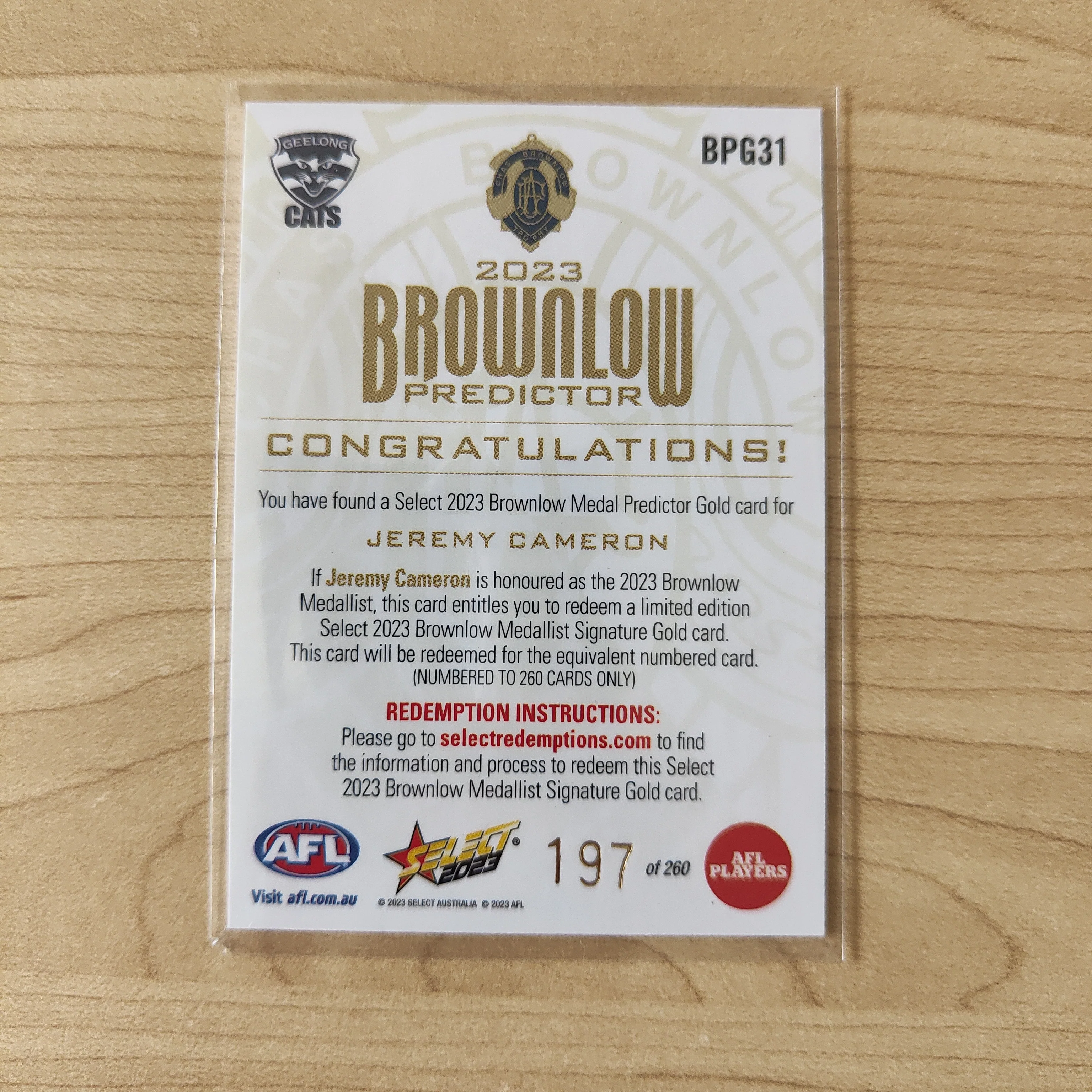 2023 Select Footy Stars Gold Brownlow Predictor Jeremy Cameron Geelong 197/260 - Image 2