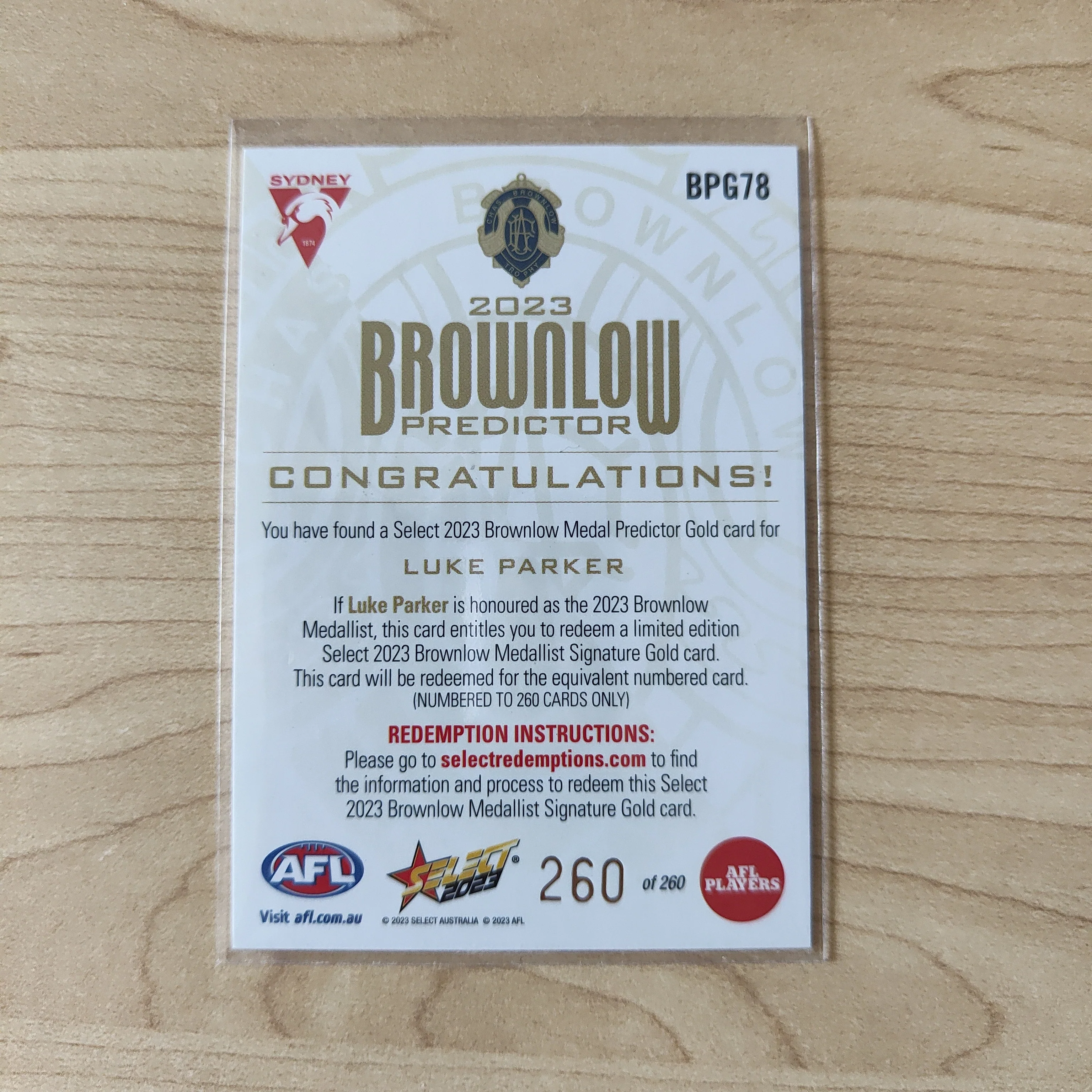 2023 Select Footy Stars Gold Brownlow Predictor Luke Parker Sydney 260/260 - Image 2