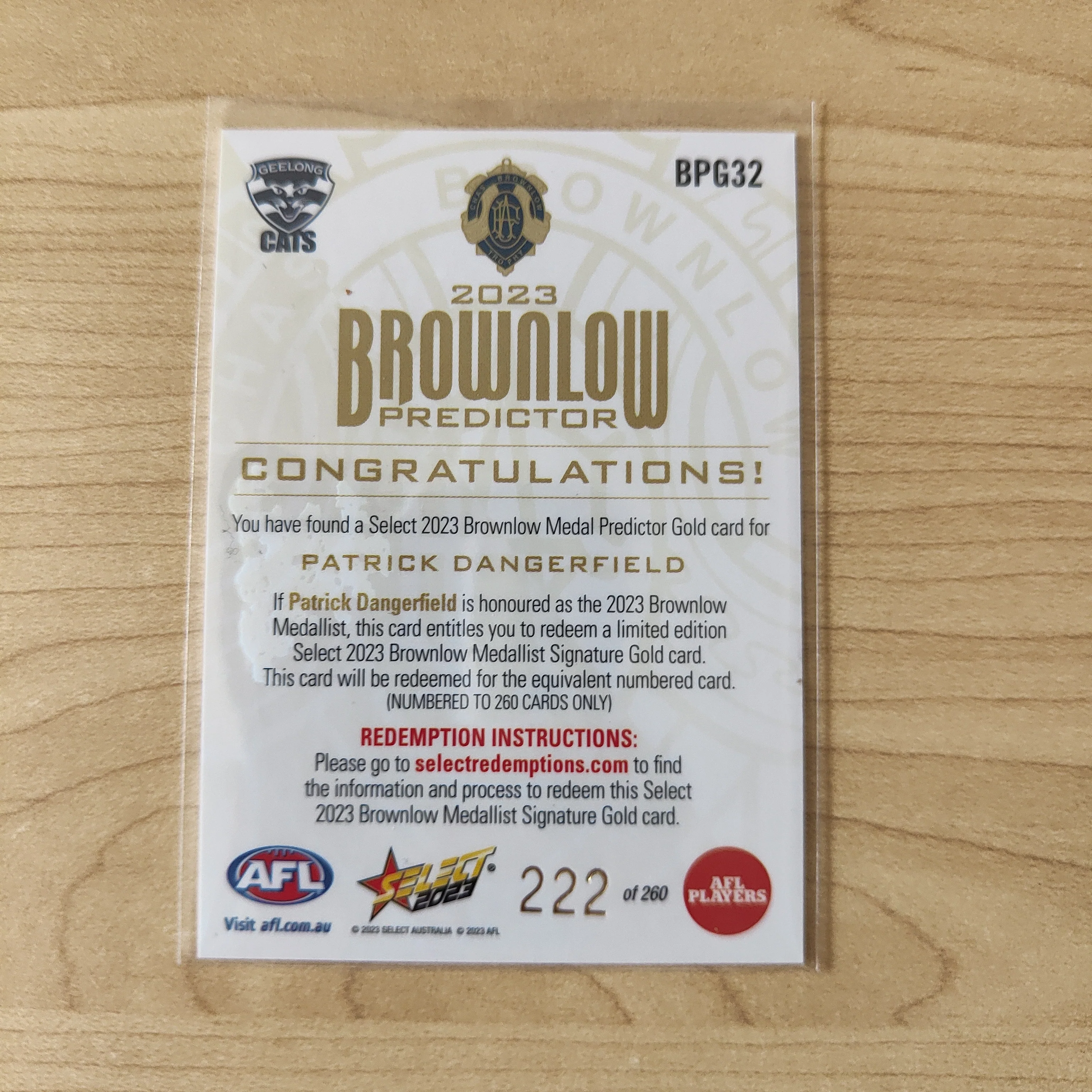 2023 Select Footy Stars Gold Brownlow Predictor Patrick Dangerfield Geelong 222/260 - Image 2
