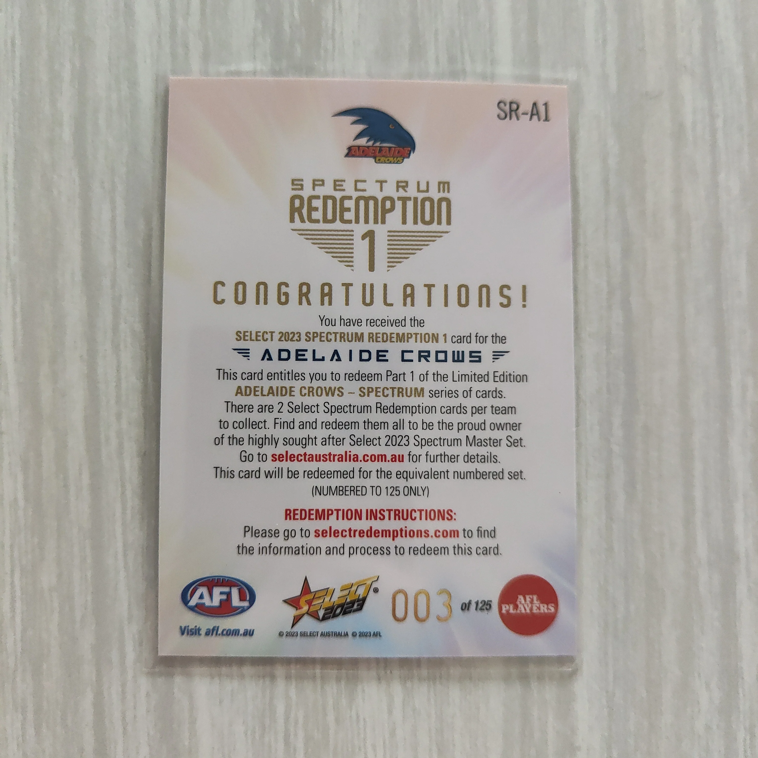 2023 Select Footy Stars Spectrum Redemption 1 Adelaide LOW NUMBER 003/125 - Image 2