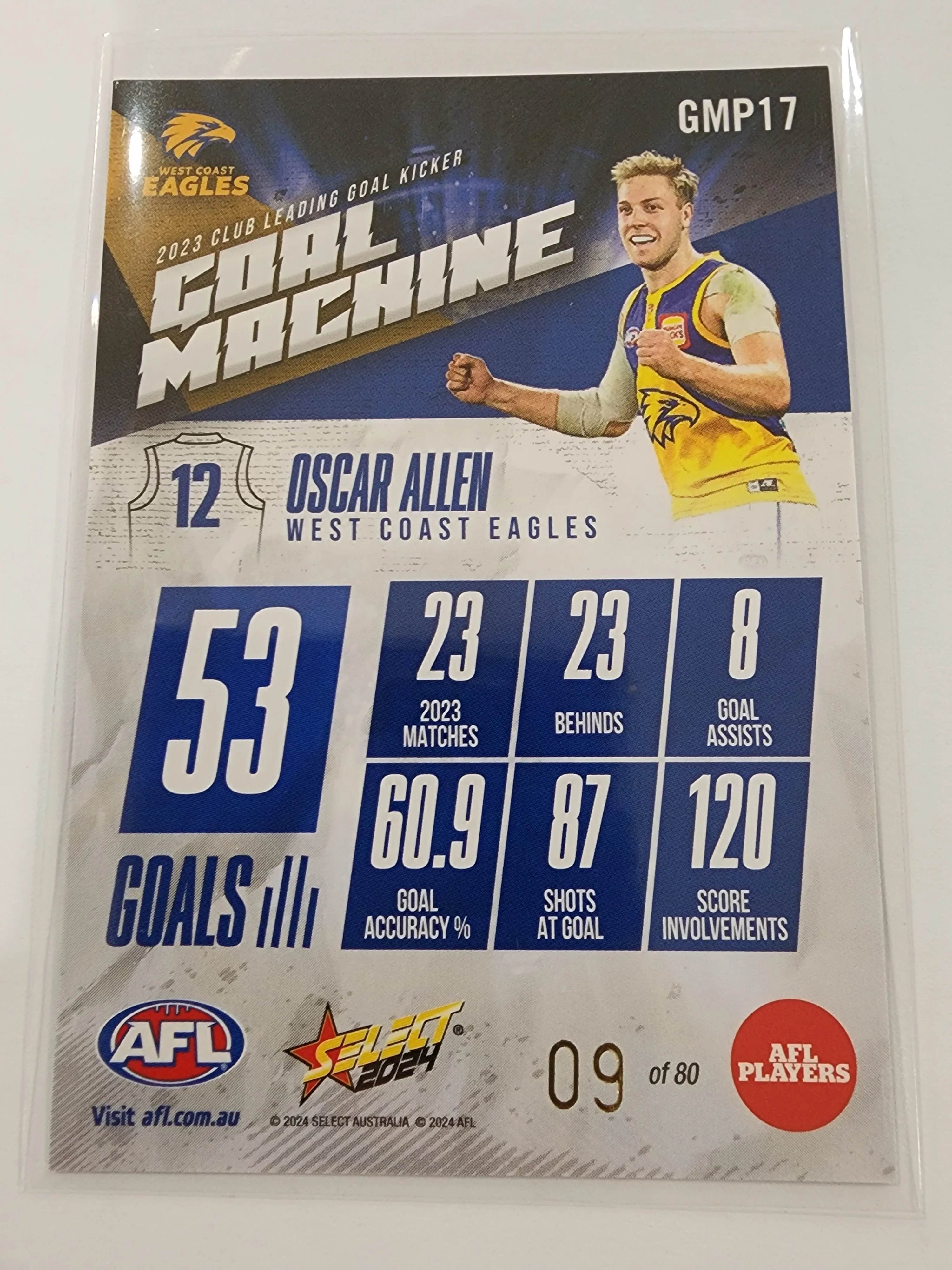 2024 AFL Select Goal Machine Oscar Allen West Coast Low 9/80 - Image 2