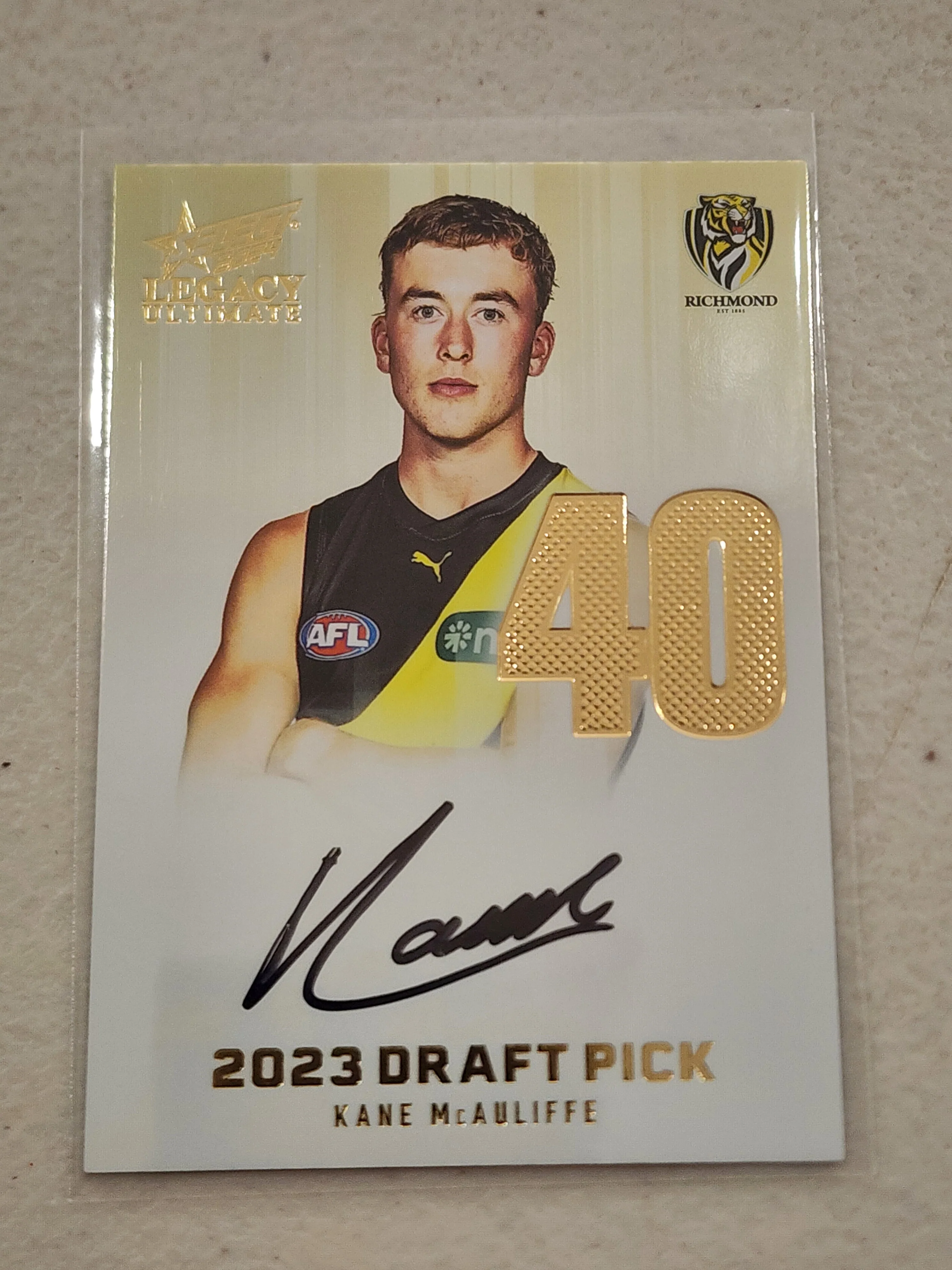 2024 AFL Select Legacy Ultimate 2023 Draft Pick Signature Kane McAuliffe Richmond 33/85 DPSG40