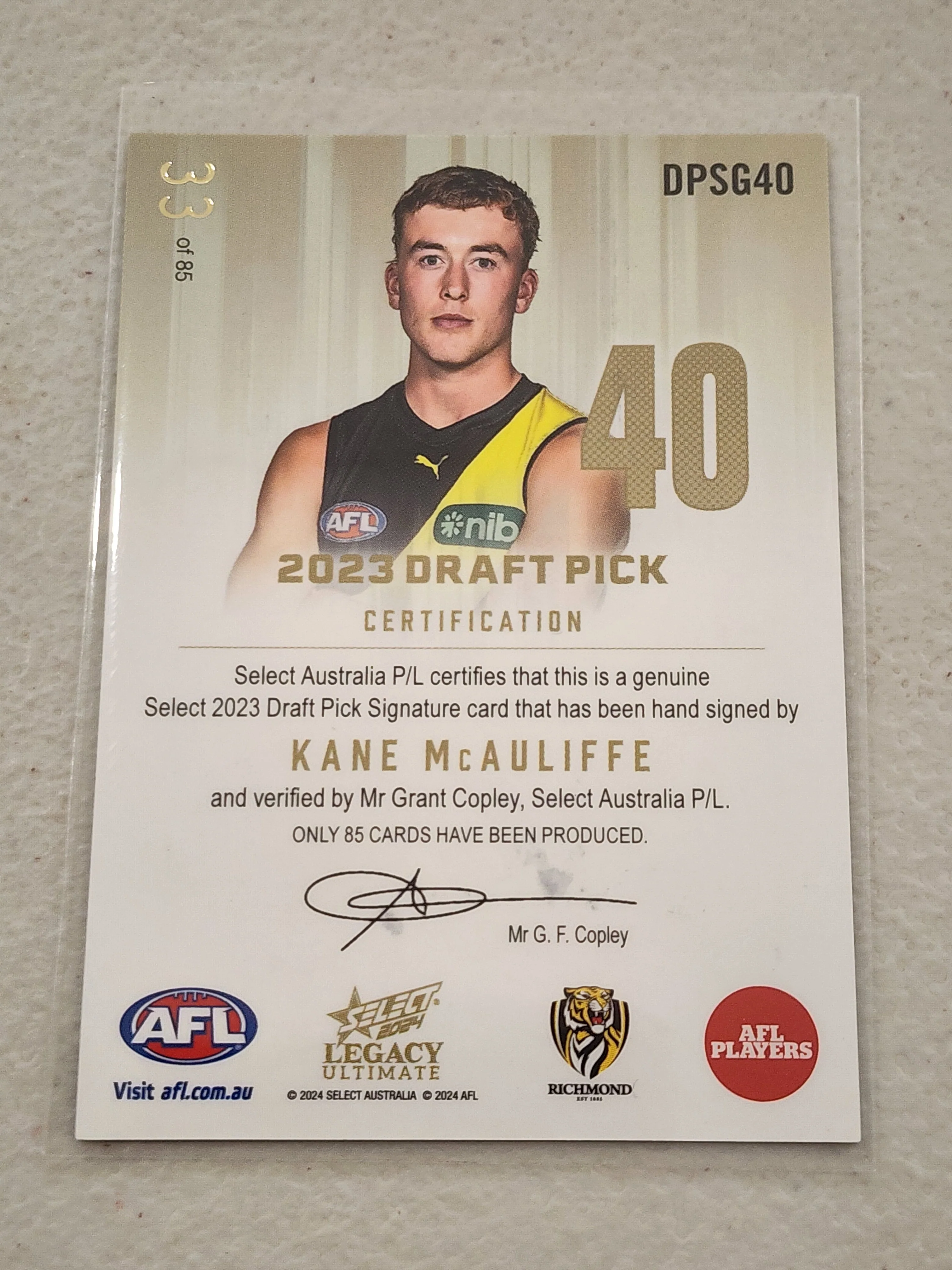 2024 AFL Select Legacy Ultimate 2023 Draft Pick Signature Kane McAuliffe Richmond 33/85 DPSG40 - Image 2