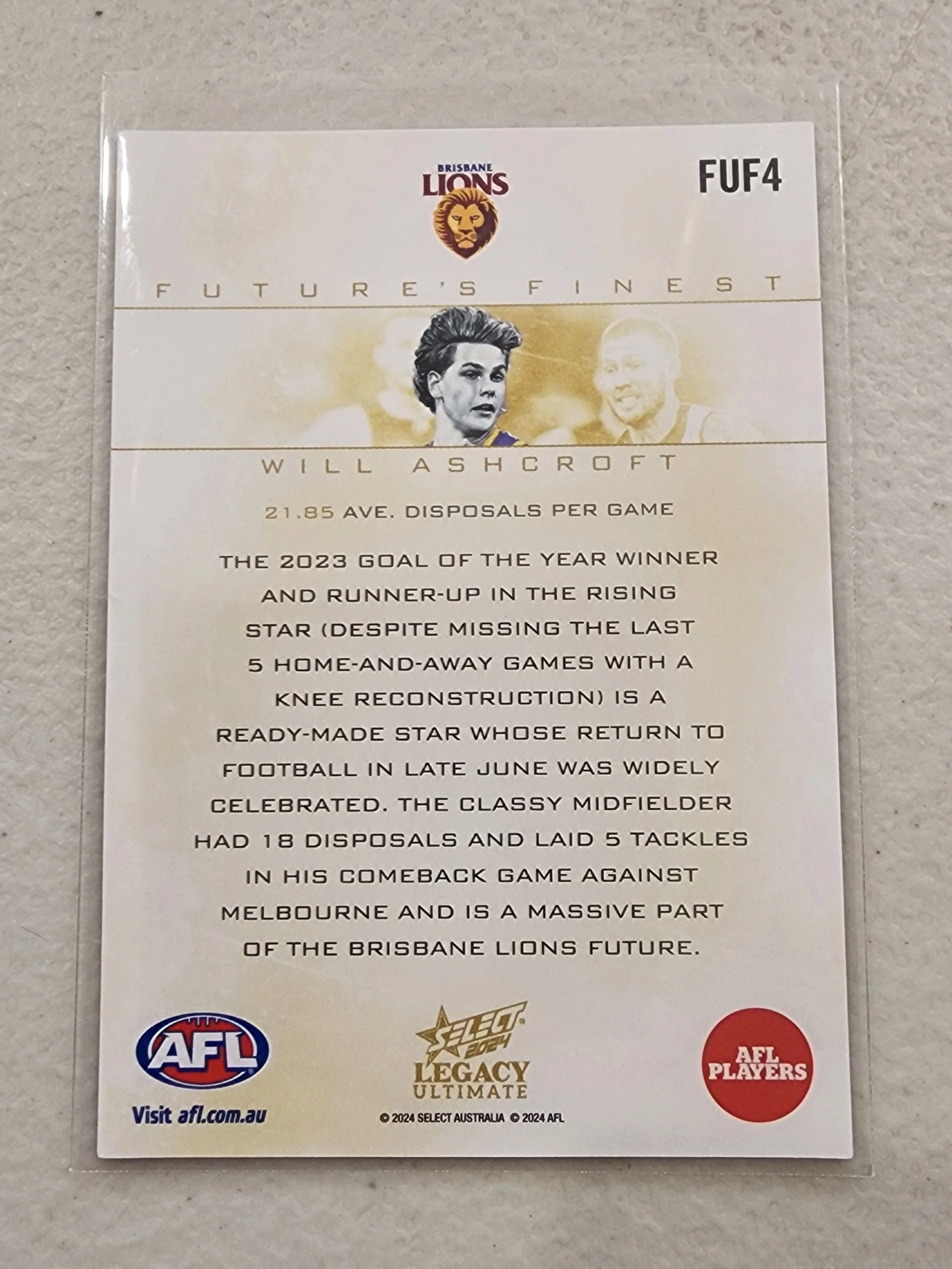 2024 AFL Select Legacy Ultimate Future Finest Will Ashcroft Brisbane 76/80 FUF4 - Image 2