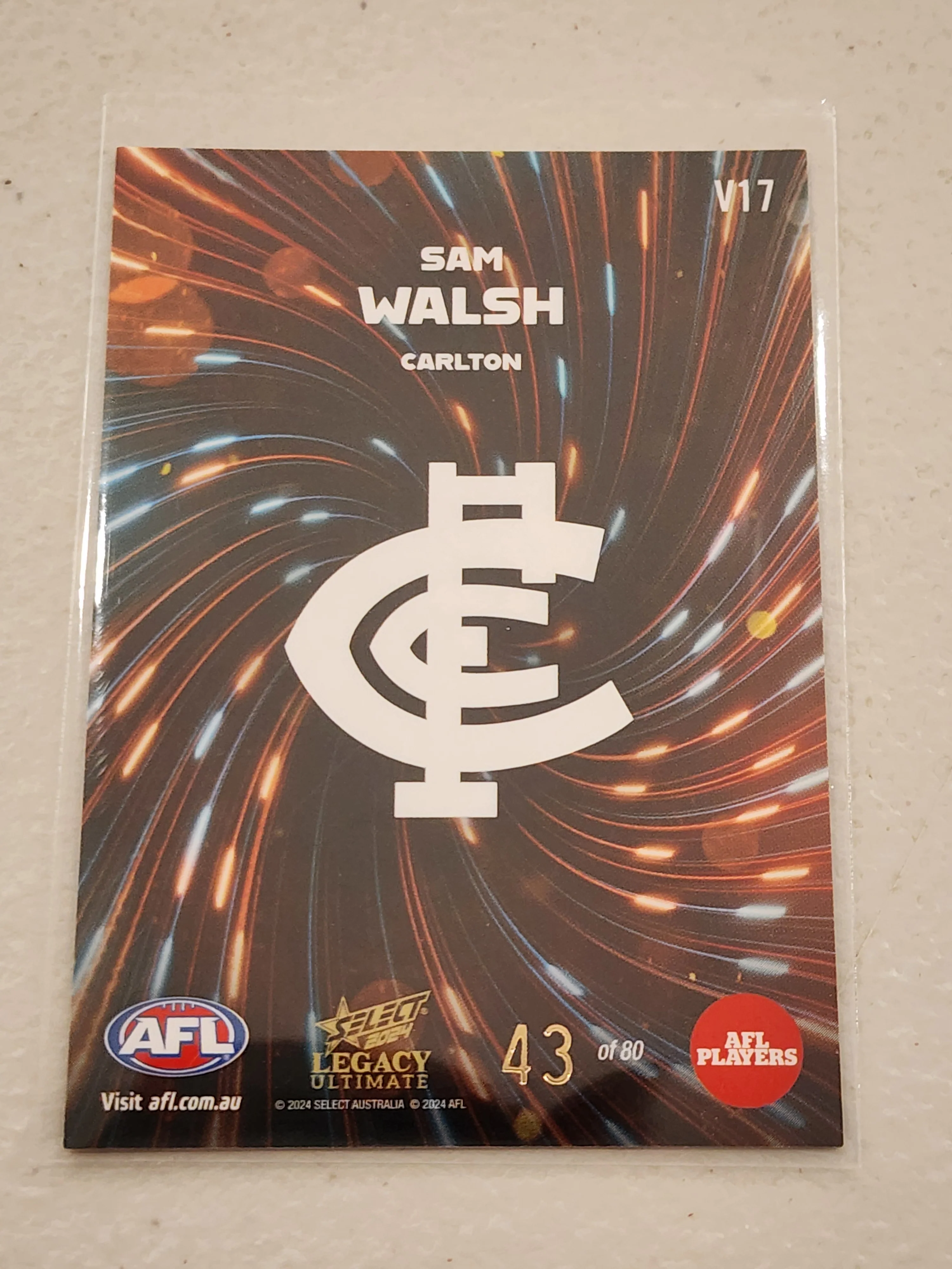 2024 AFL Select Legacy Ultimate Vortex Sam Walsh Carlton 43/80 V17 - Image 2