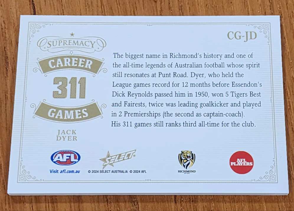 2024 AFL Select Supremacy Career Games 311 Jack Dyer Richmond 38/55 - Image 2