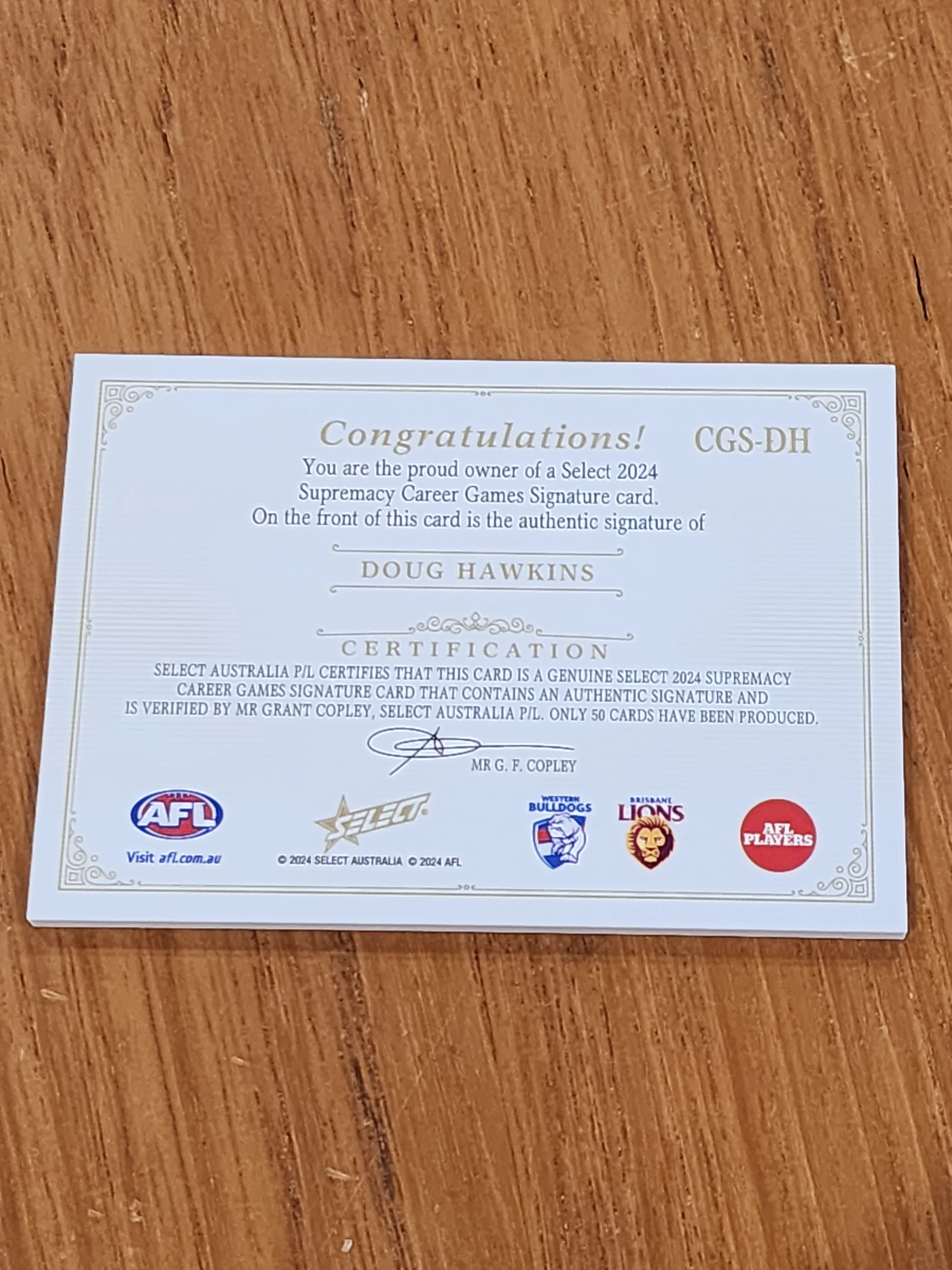 2024 AFL Select Supremacy Career Games 350 Doug Hawkins Signature 50/50 - Image 2