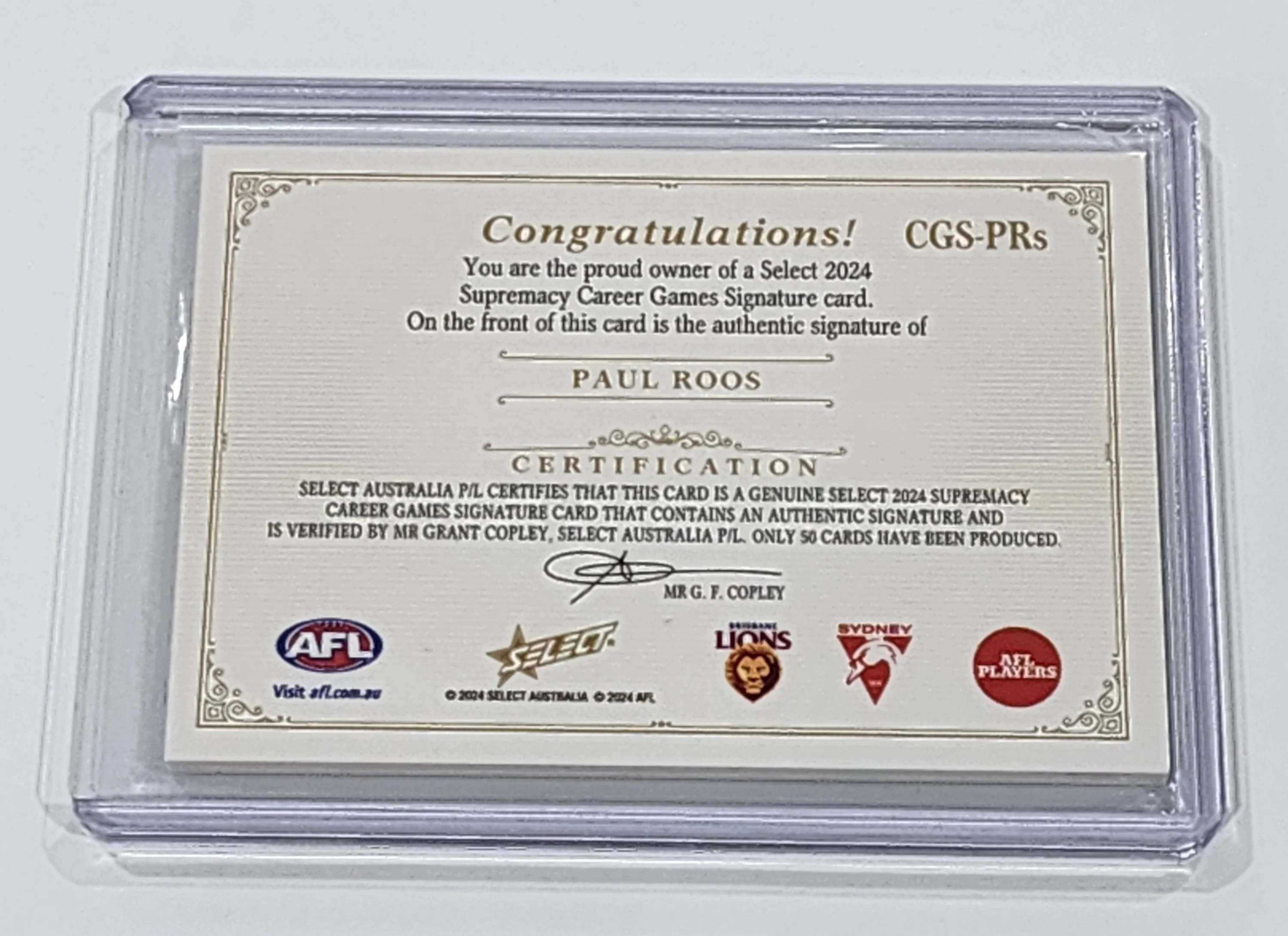 2024 AFL Select Supremacy Career Games 356 Paul Roos Sydney Signature Card LOW 6/50 - Image 2