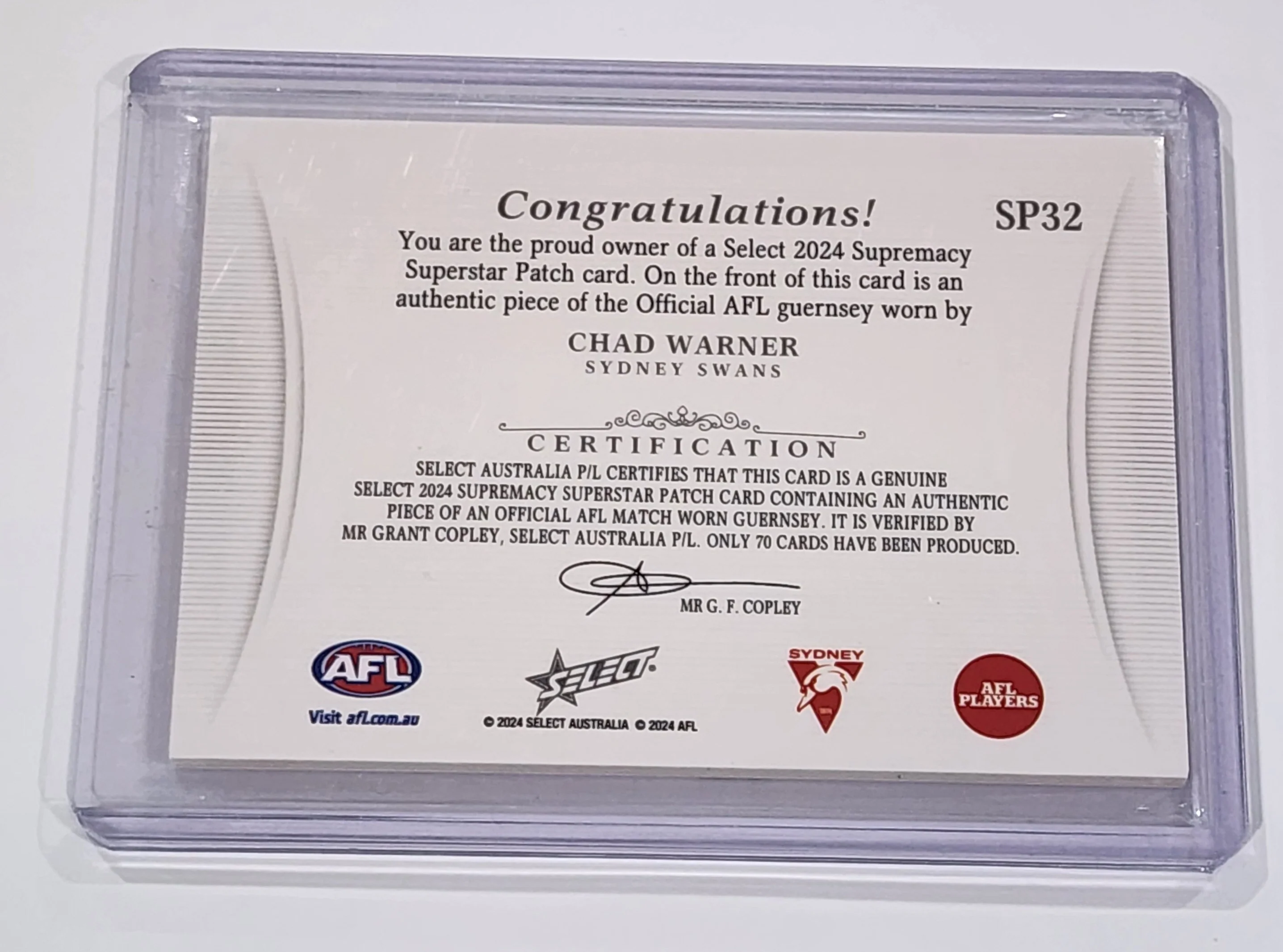 2024 AFL Select Supremacy Chad Warner Sydney Superstar Patch 46/70 SP32 - Image 2
