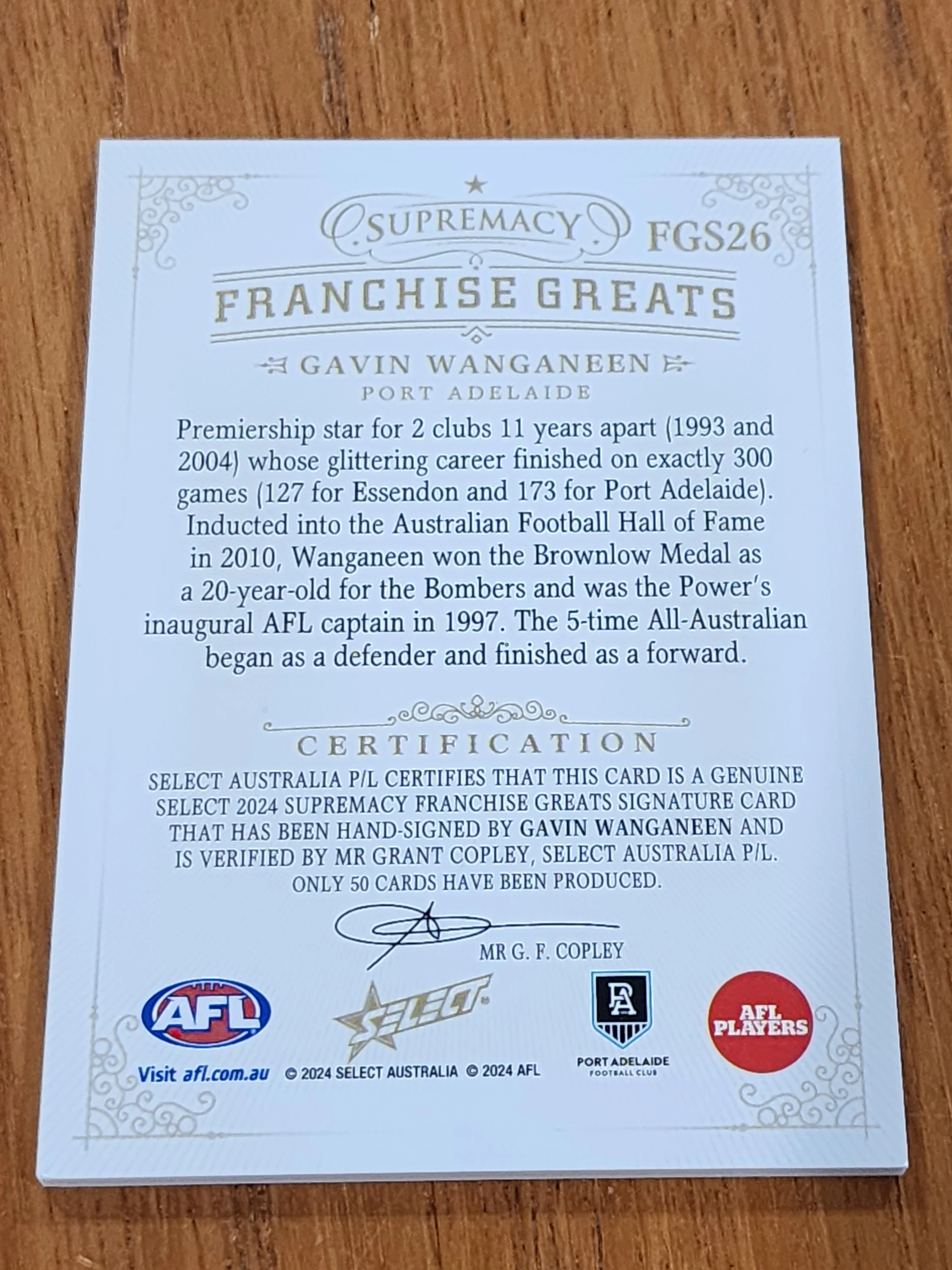2024 AFL Select Supremacy Franchise Greats Gavin Wanganeen Signature Port Adelaide 46/50 - Image 2