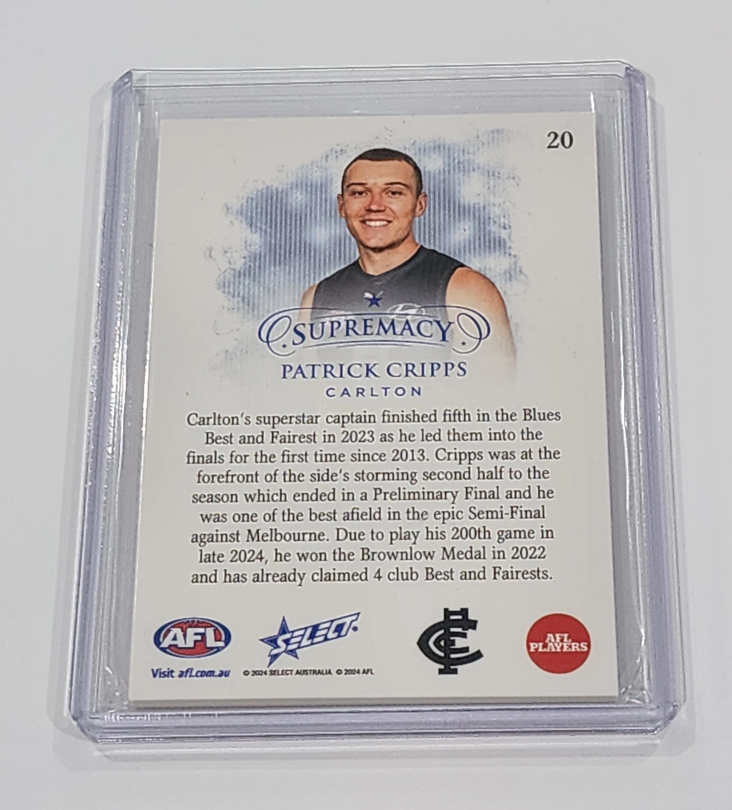 2024 AFL Select Supremacy Patrick Cripps Carlton LOW 8/65 - Image 2