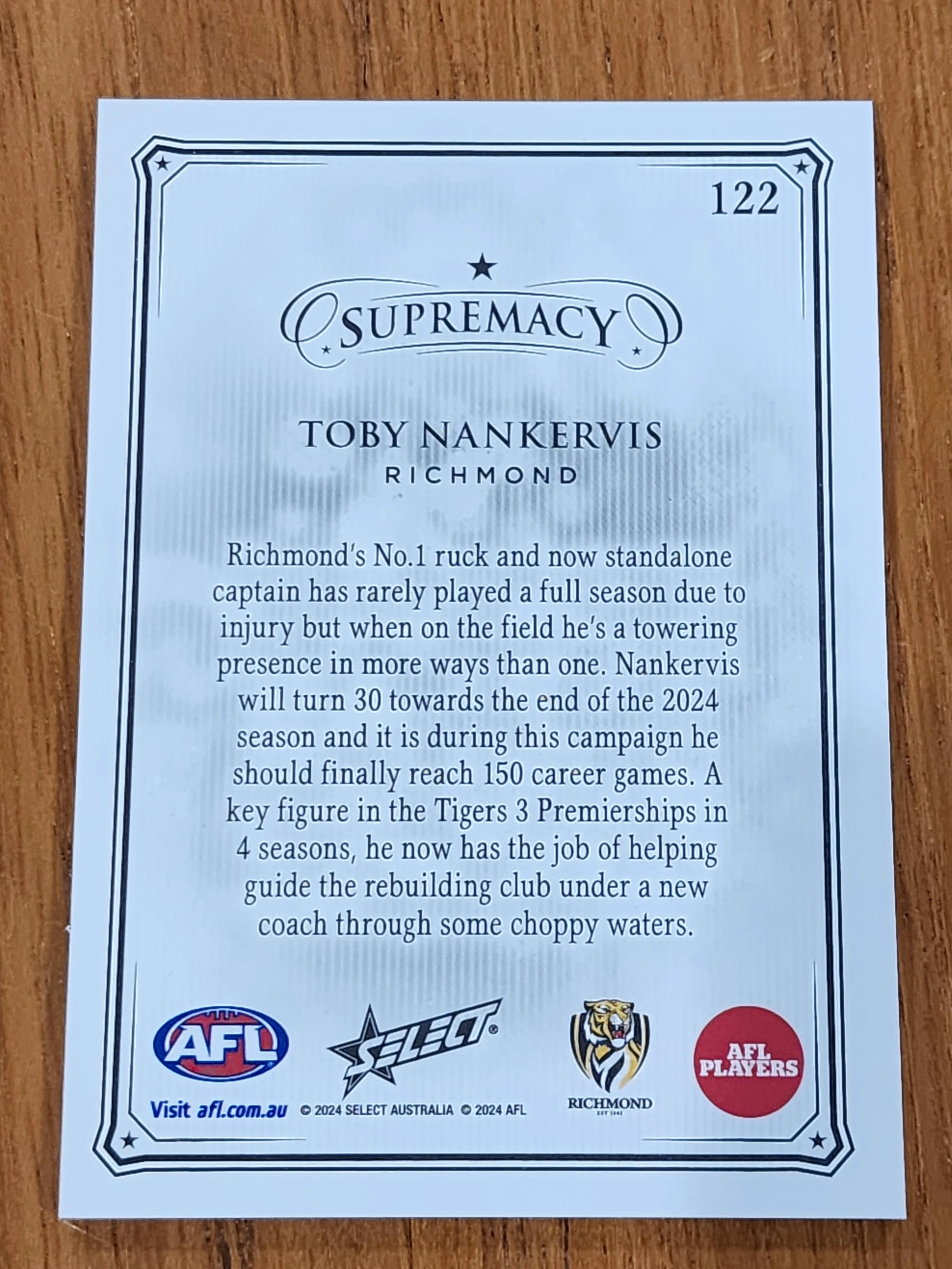 2024 AFL Select Supremacy Toby Nankervis Richmond 24/35 #122 - Image 2