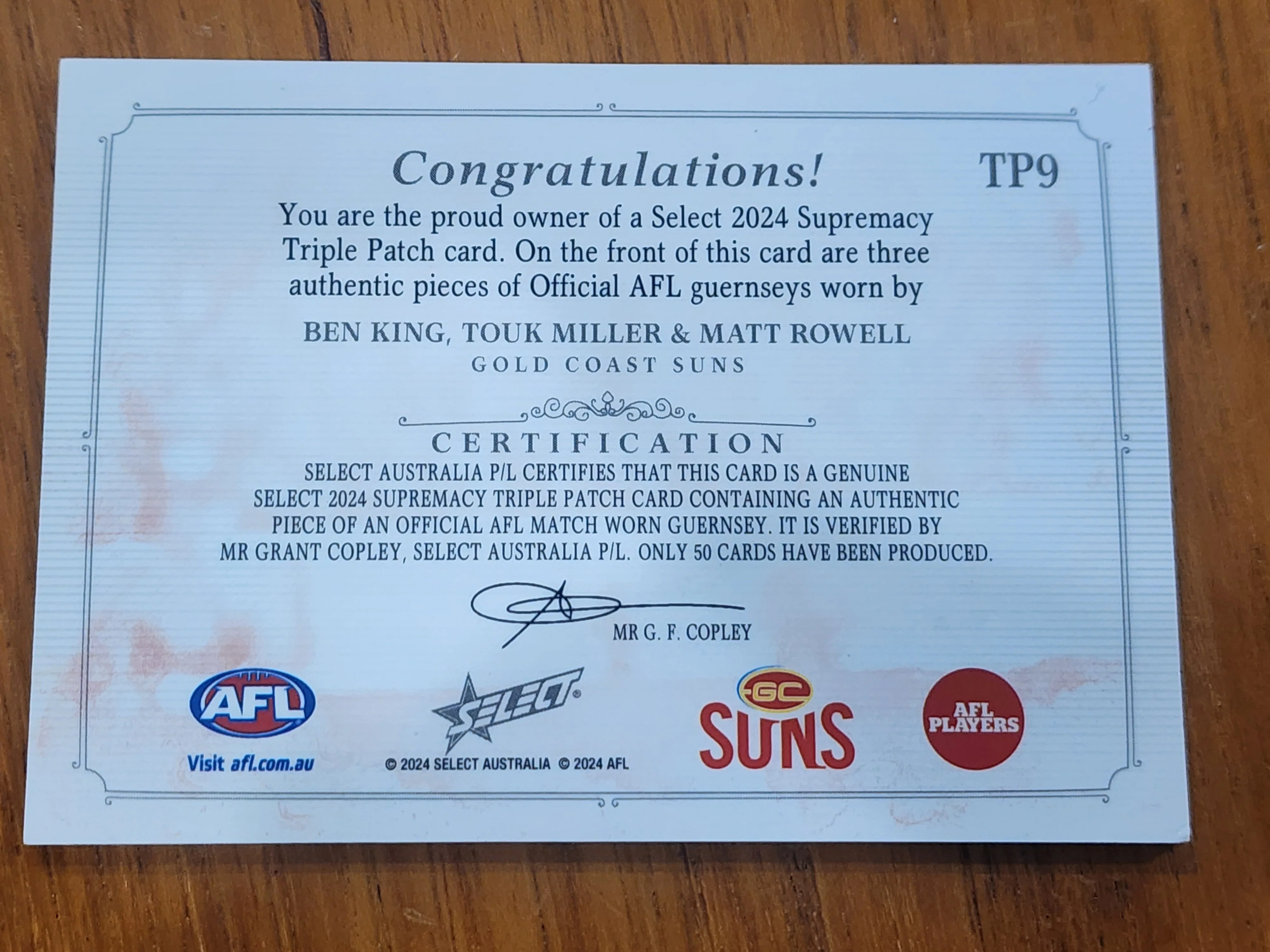 2024 AFL Select Supremacy Triple Patch Ben King Touk Miller Matt Rowell Gold Coast 19/50 TP9 - Image 2