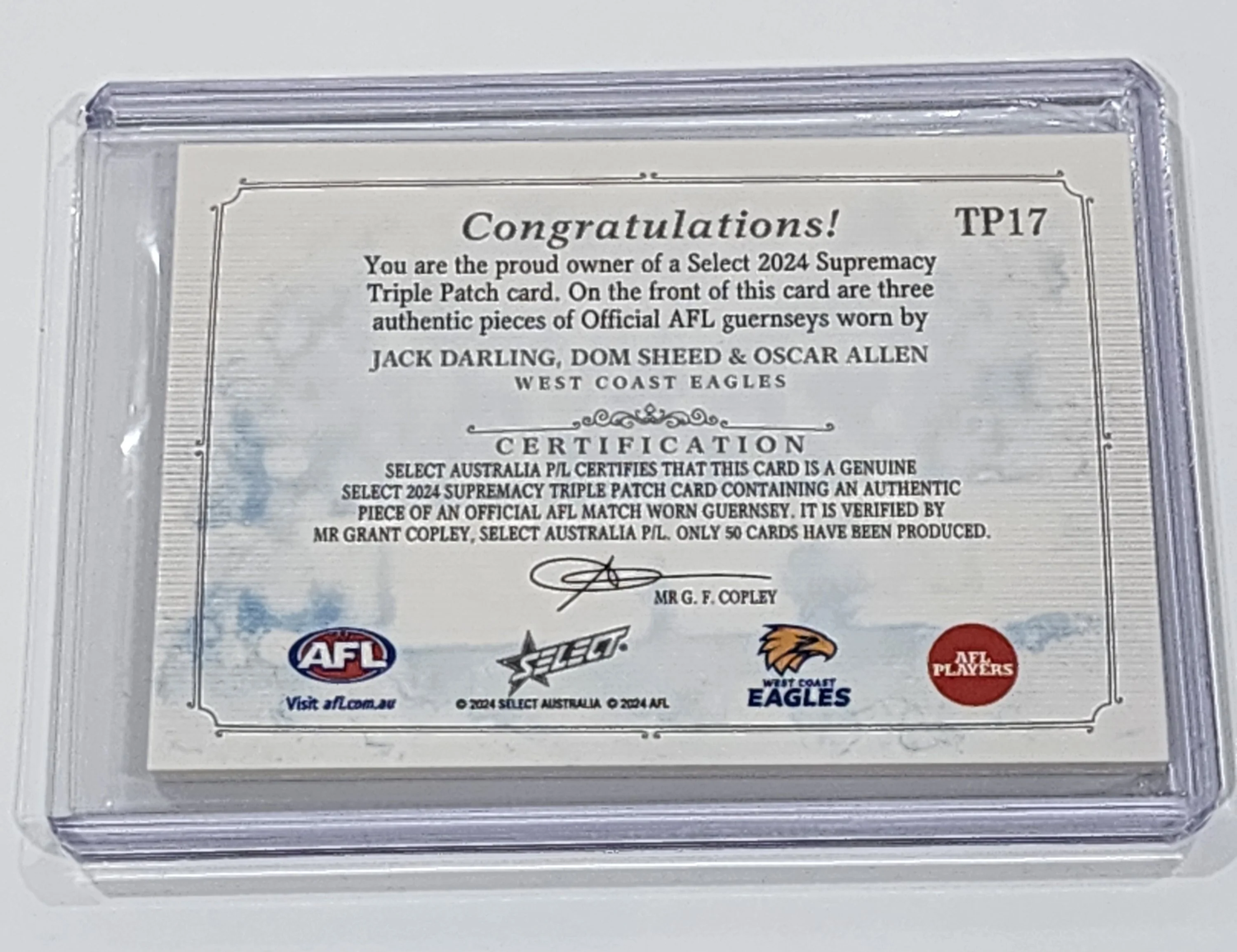 2024 AFL Select Supremacy Triple Patch Jack Darling Dom Sheed Oscar Allen West Coast 36/50 - Image 2