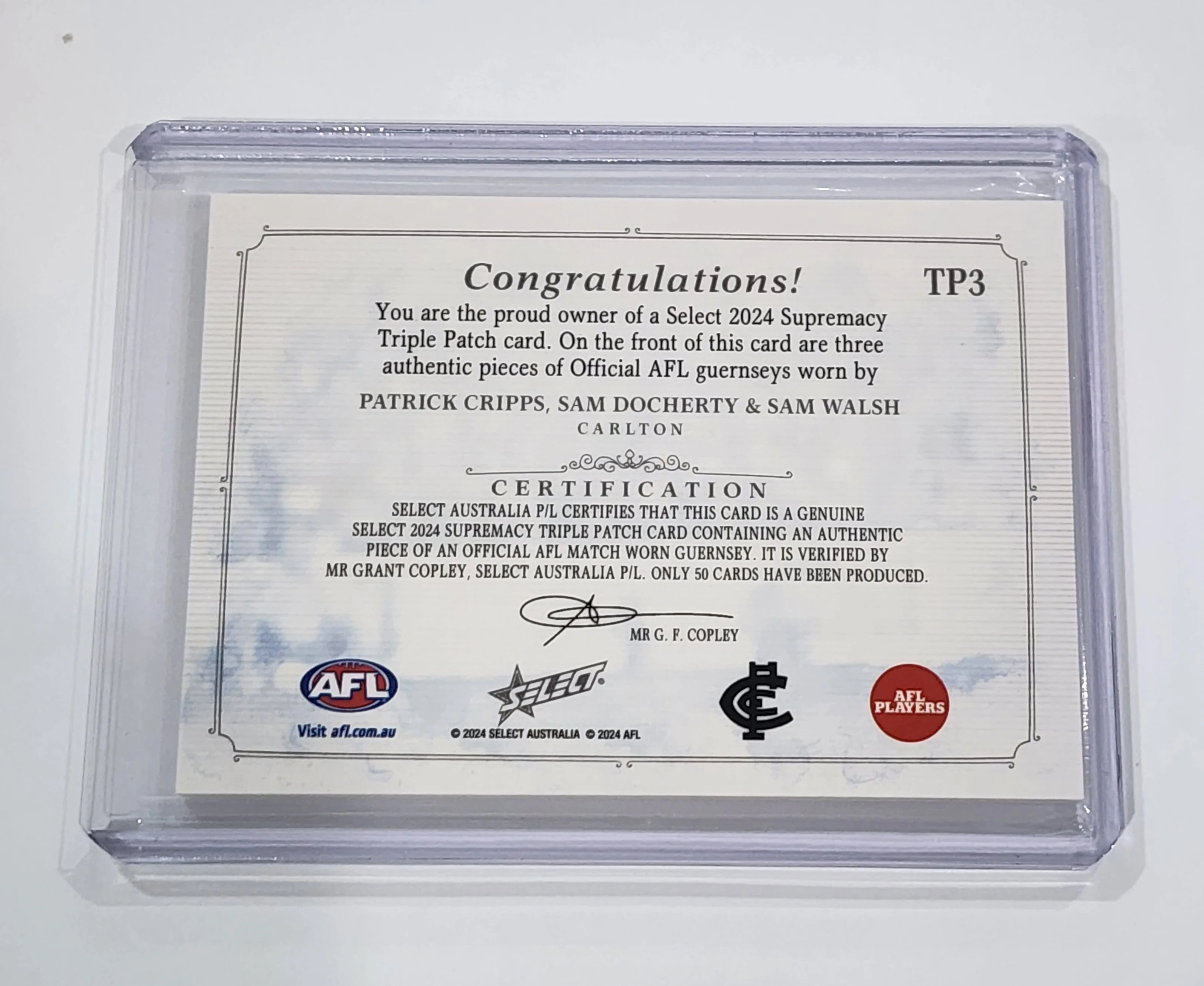 2024 AFL Select Supremacy Triple patch Patrick Cripps Sam Doherty Sam Walsh Carlton 36/50 TP3 - Image 2