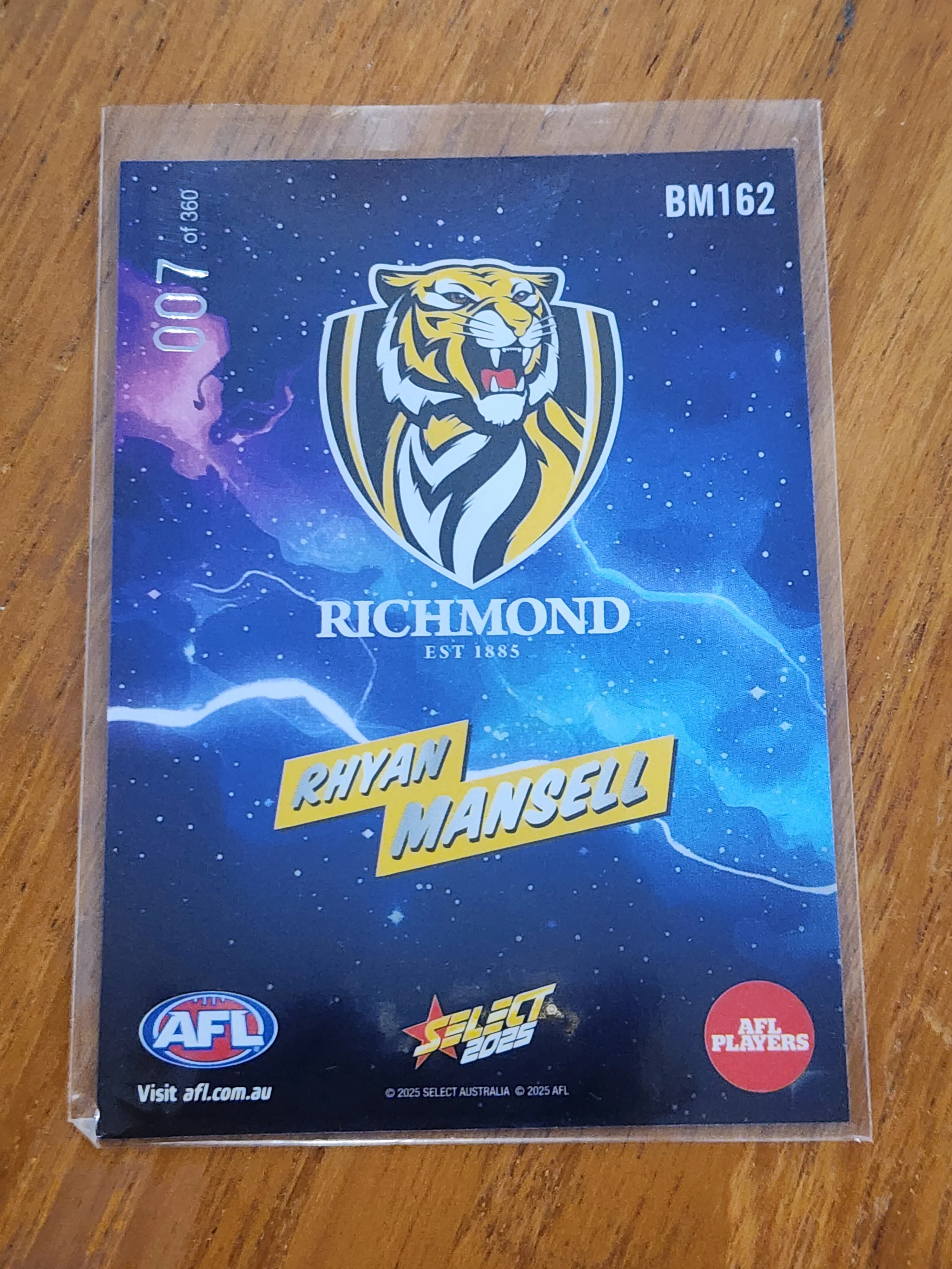 2025 AFL Select Boom Rhyan Mansell Richmond BM162 007/360 LOW - Image 2