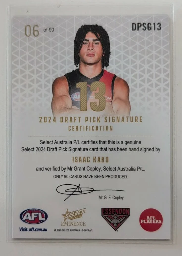 2025 AFL Select Eminence Draft Pick Signature Gold Issac Kako Essendon 6/90 - Image 2