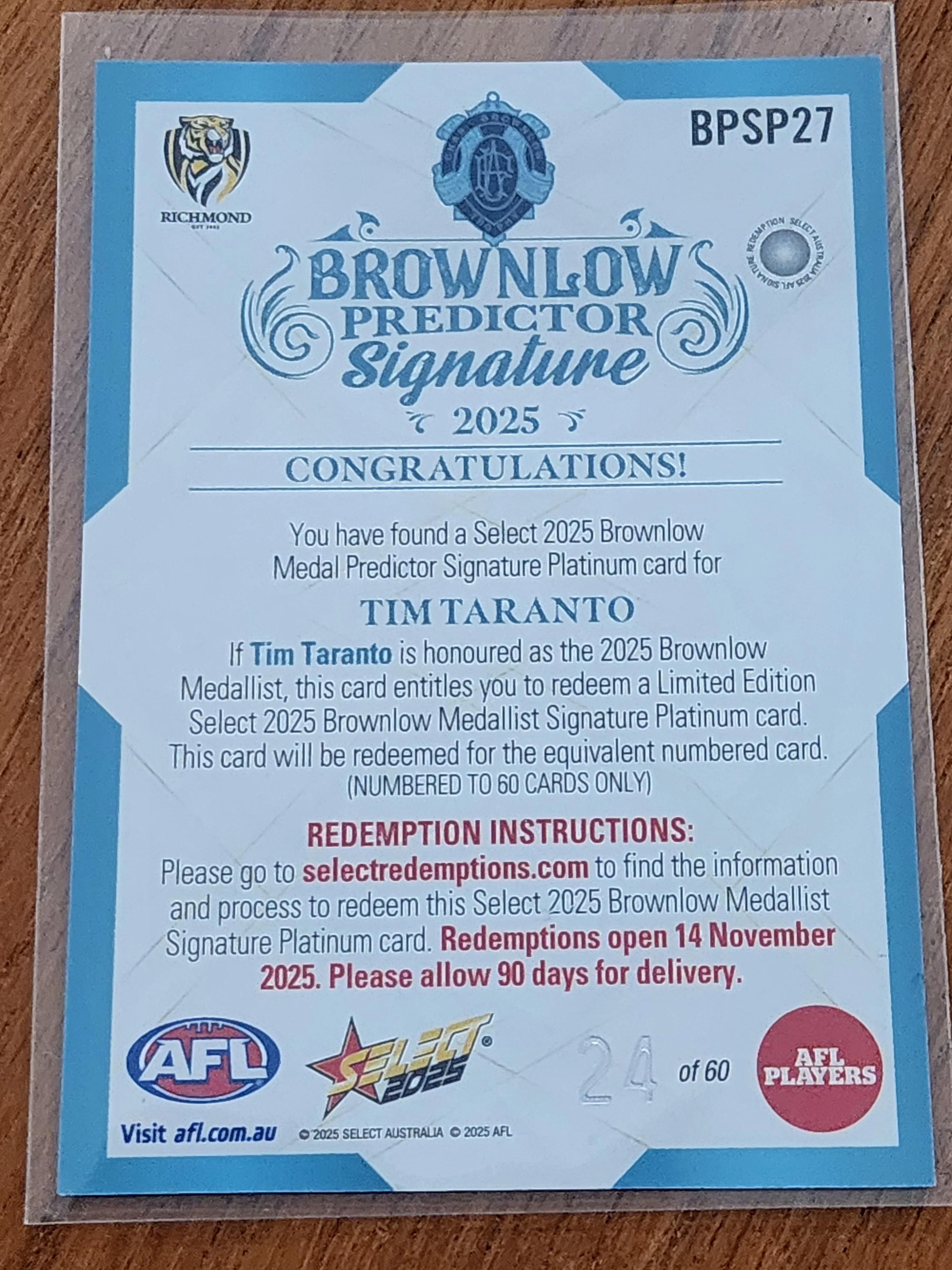 2025 AFL Select Hobby Brownlow Medal Predictor Signature Platinum card Tim Taranto Richmond 24/60 BPSP27 - Image 2