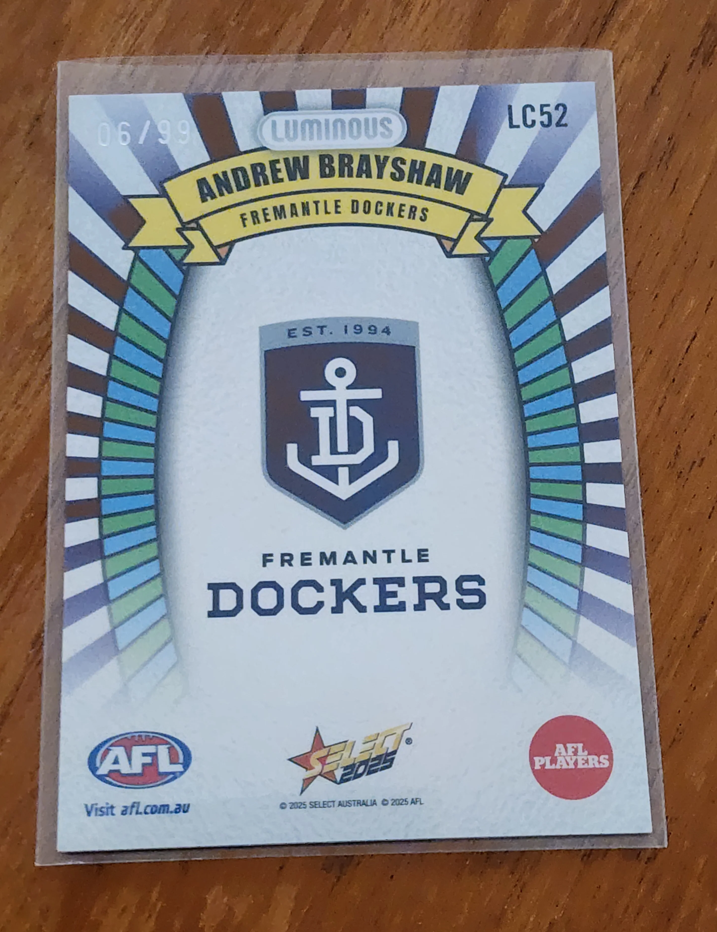 2025 AFL Select Hobby Footy Stars Luminous Carnival Andrew Brayshaw Fremantle LC52 LOW 6/99 - Image 2