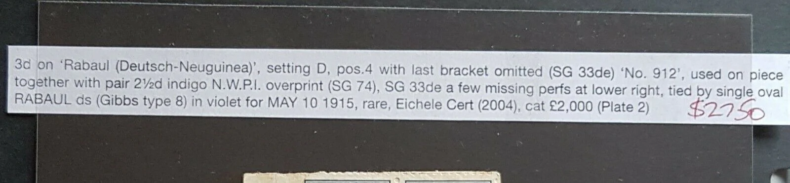 3d GRI on German New Guinea Rabaul registered label, bracket error SG 33de U - Image 2