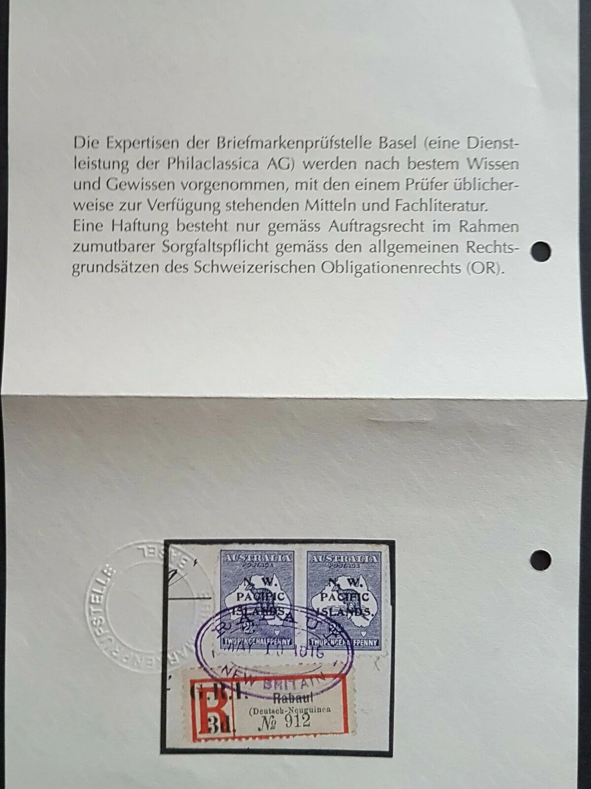 3d GRI on German New Guinea Rabaul registered label, bracket error SG 33de U - Image 4