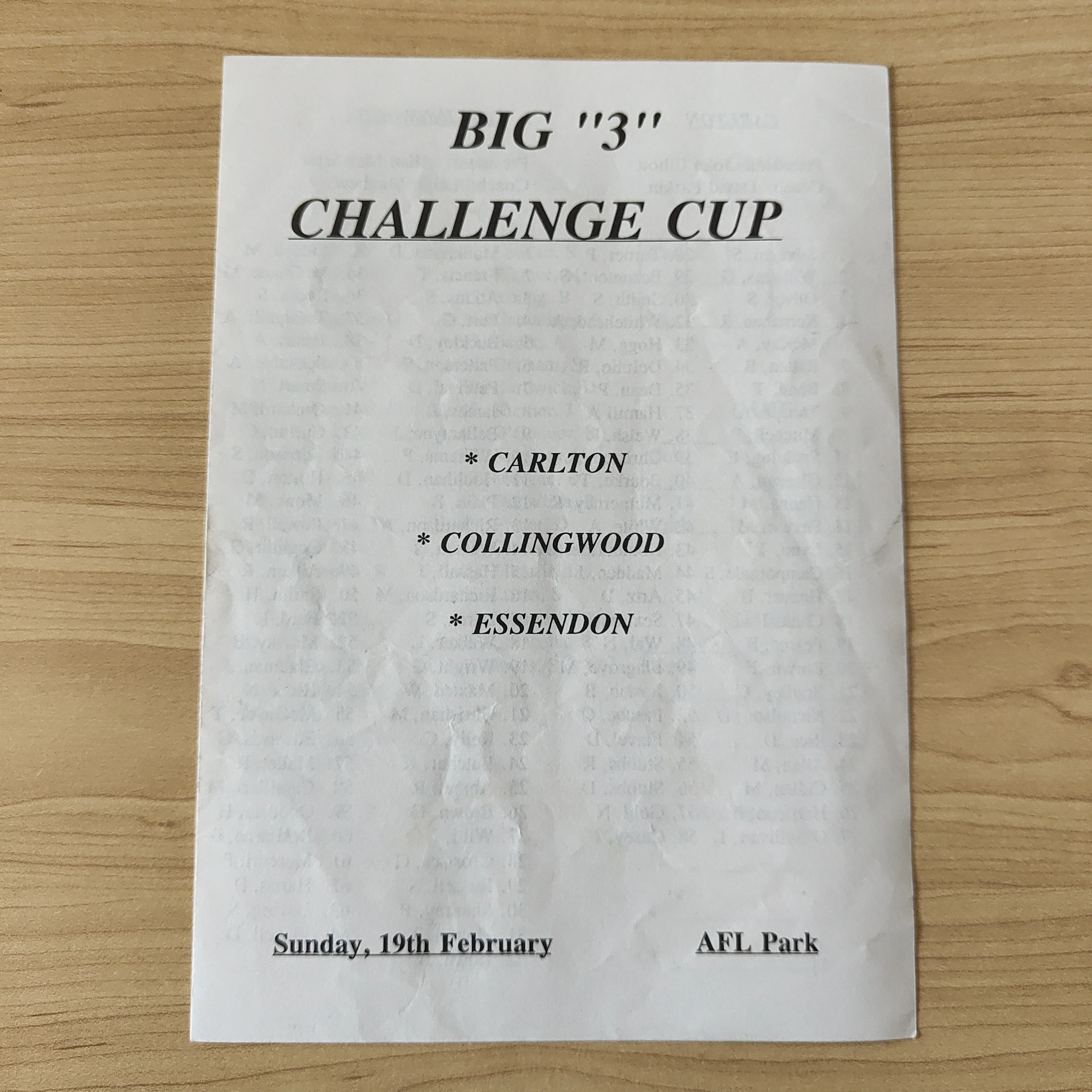VFL 1984 Big 3 Challenge Cup Carlton Collingwood Essendon Football Record
