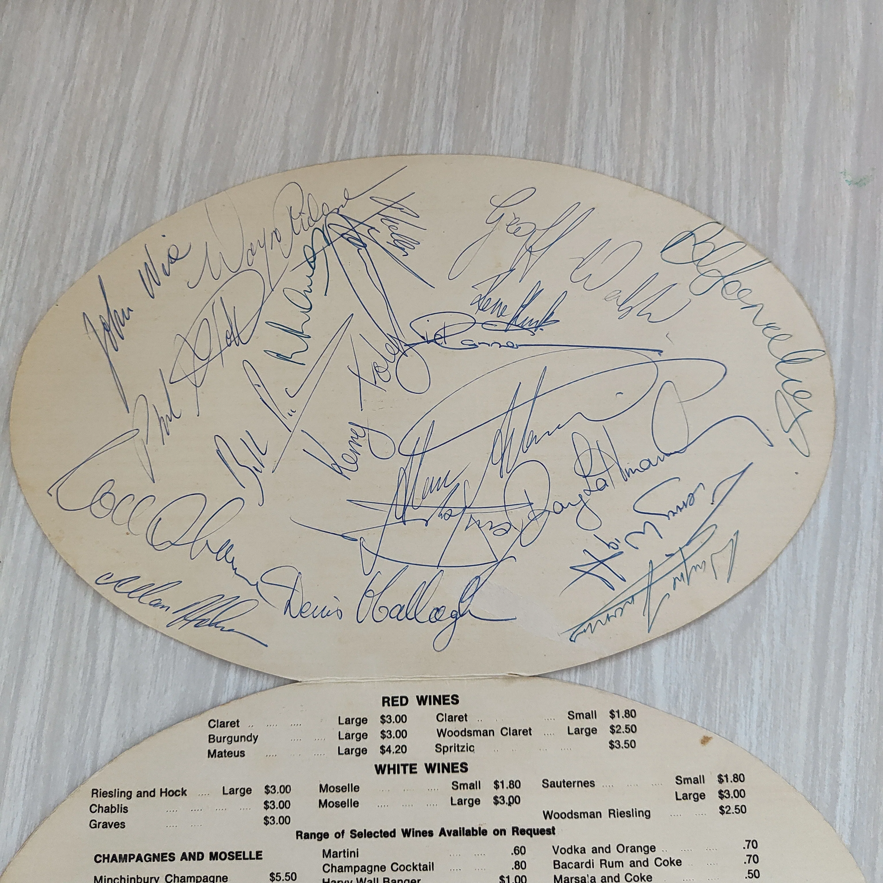 AFL VFL Collingwood Football Club Hand Signed Wine List By Various Players - Image 2