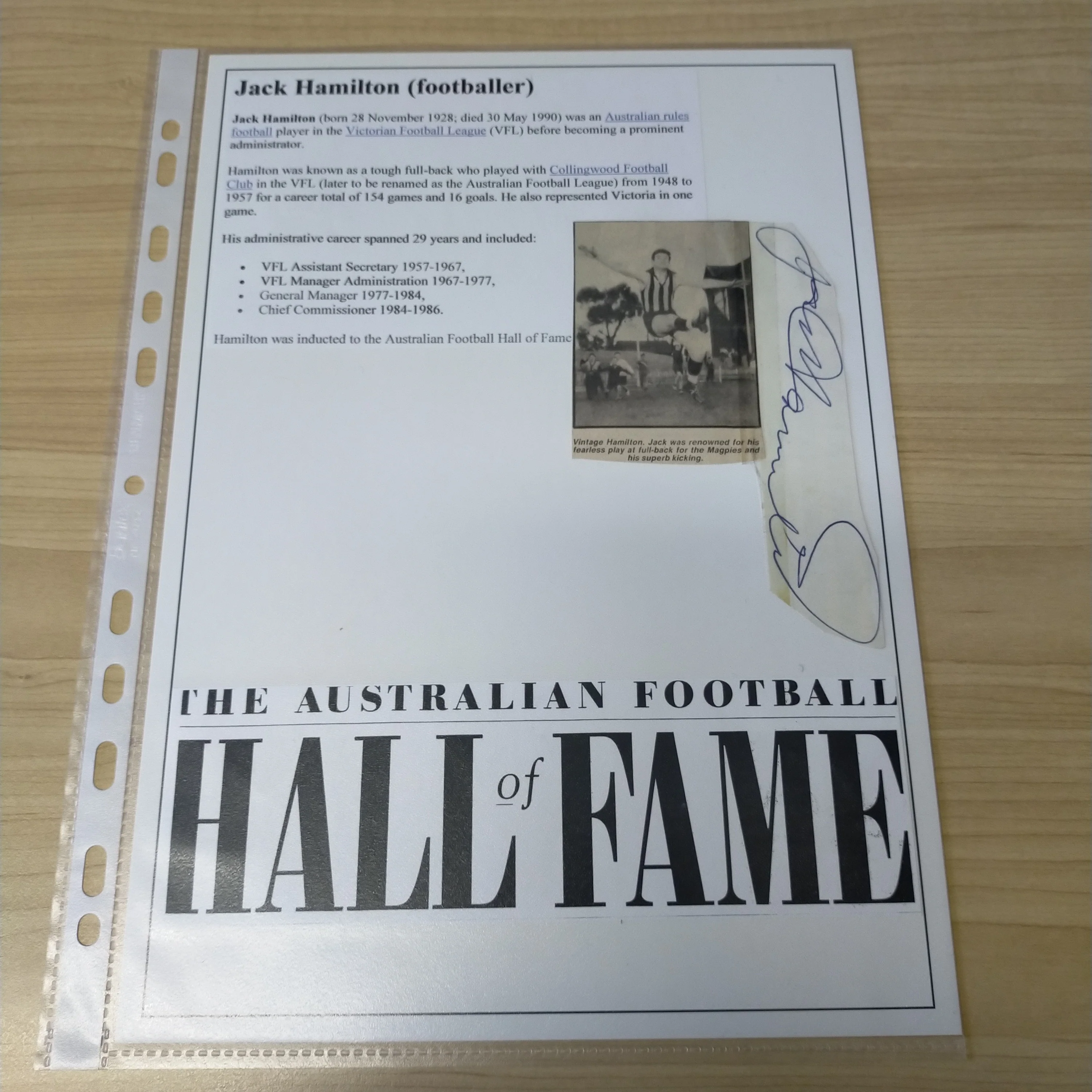 AFL VFL Collingwood Player Signature Jack Hamilton