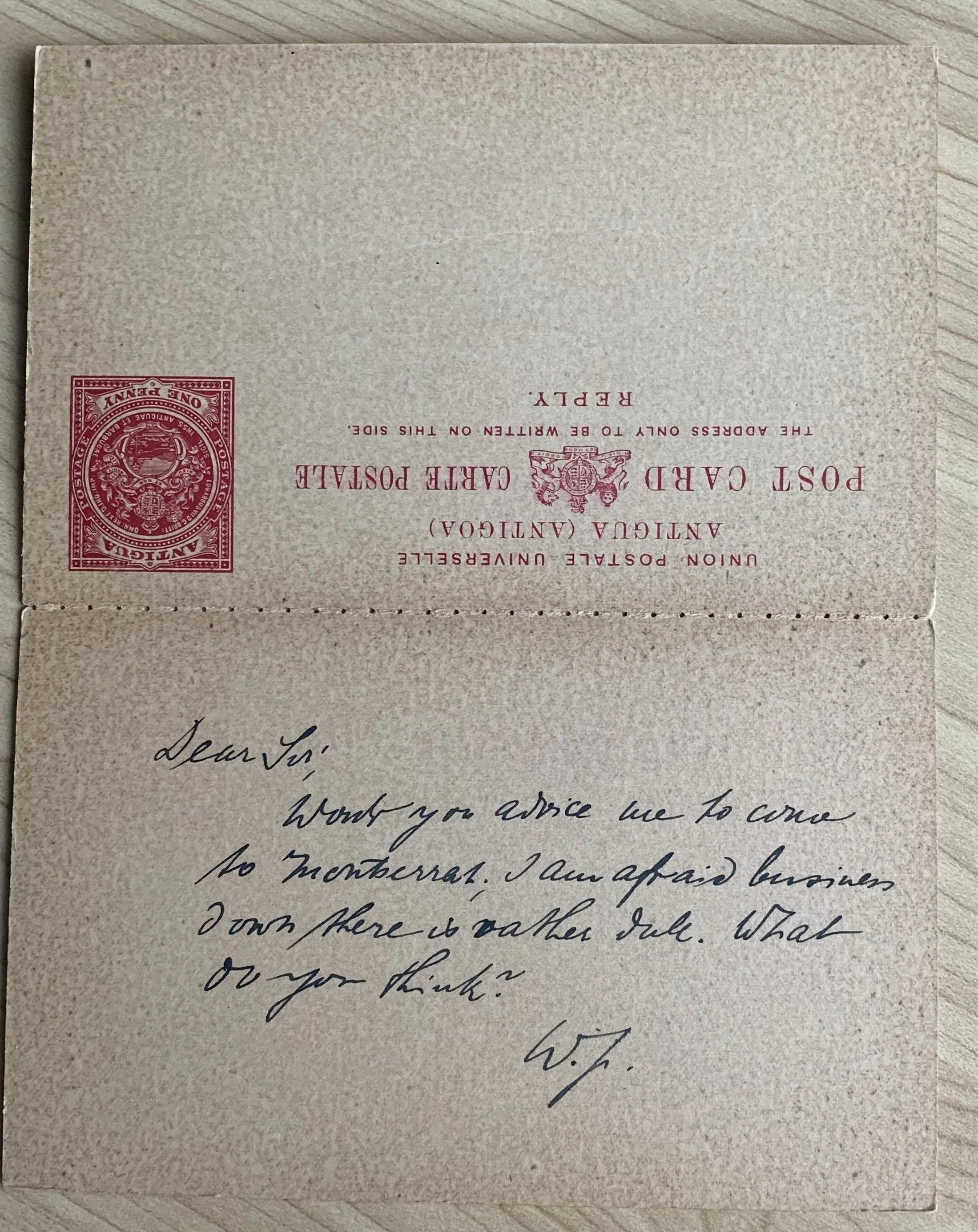 Antigua 1d & 1d Reply Post Card cancelled April 26 1910 St. John's to St. Kitts
