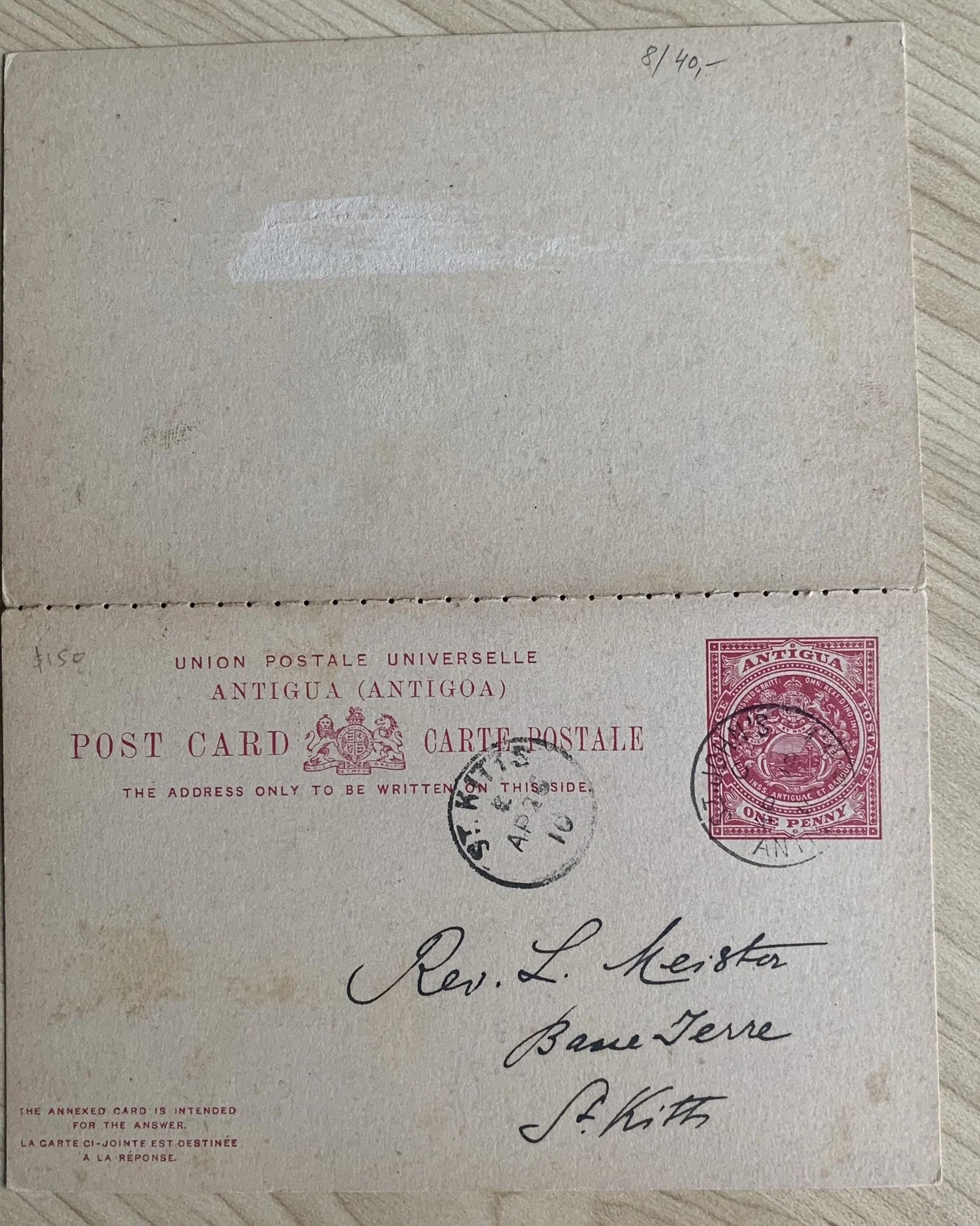 Antigua 1d & 1d Reply Post Card cancelled April 26 1910 St. John's to St. Kitts - Image 2