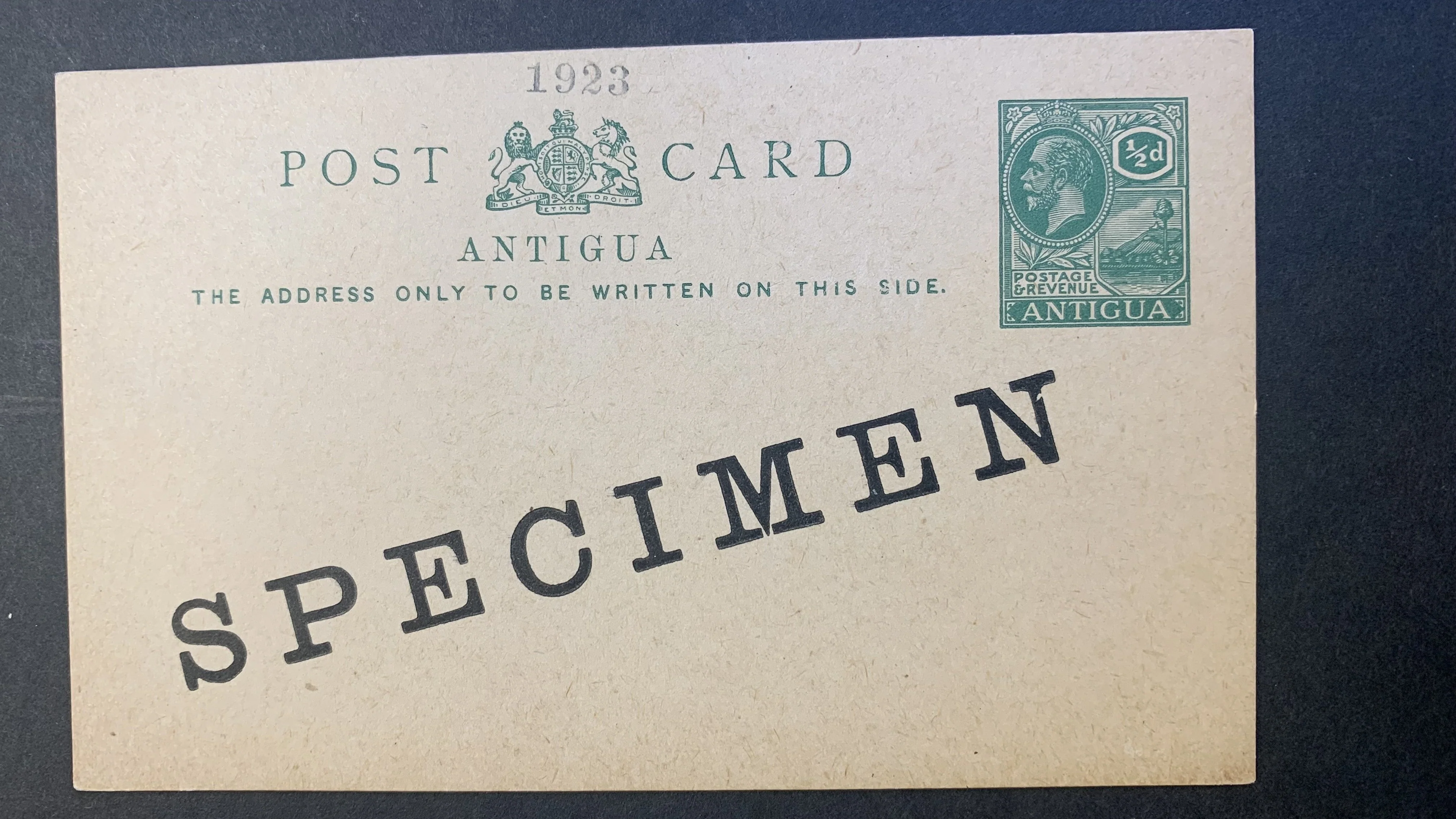 Antigua Halfpenny Green KGV Post Card Overprinted Specimen - Image 2