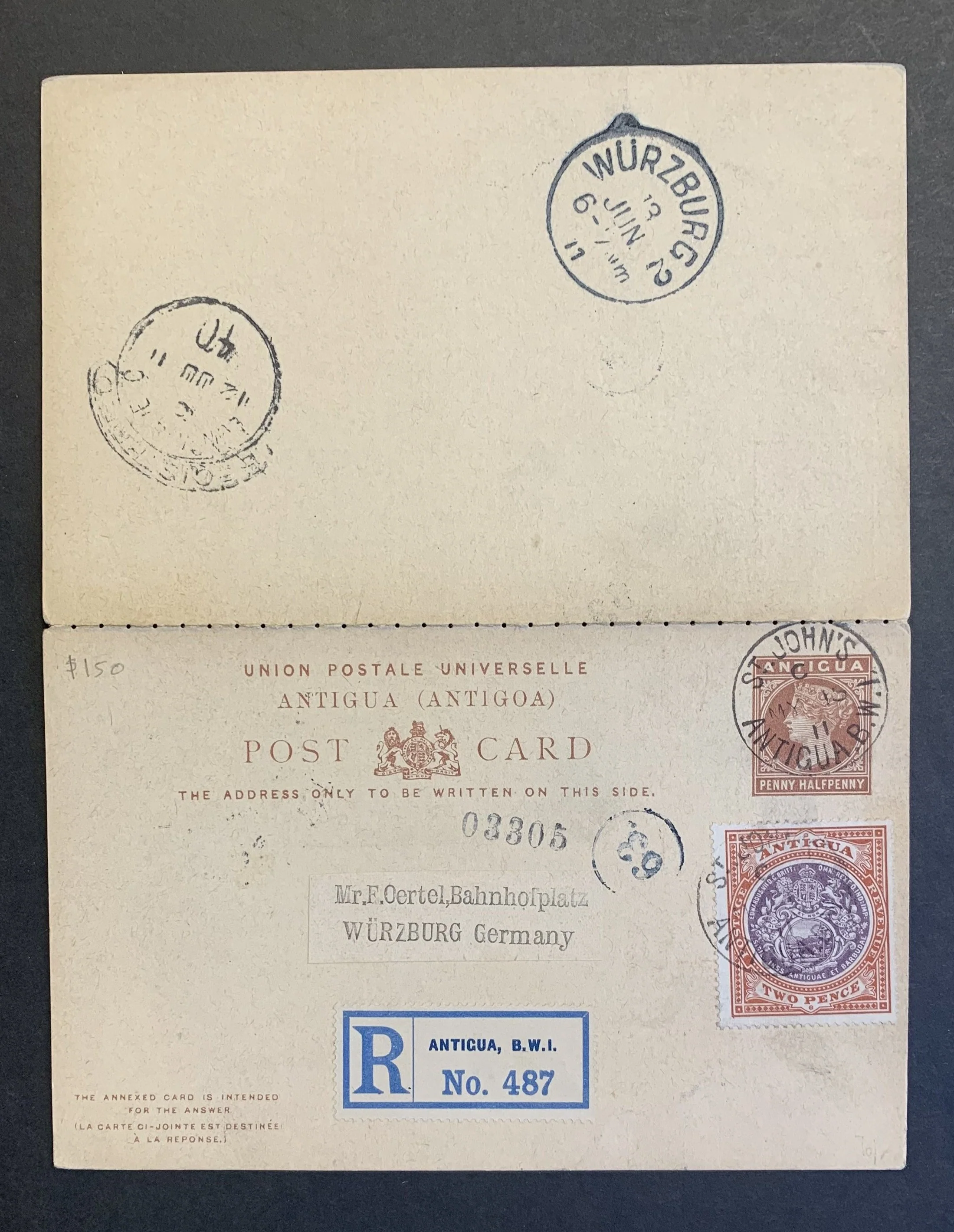 Antigua Penny Halfpenny Reply Post Card cancelled May 5 1911 Registered St. John's to Germany