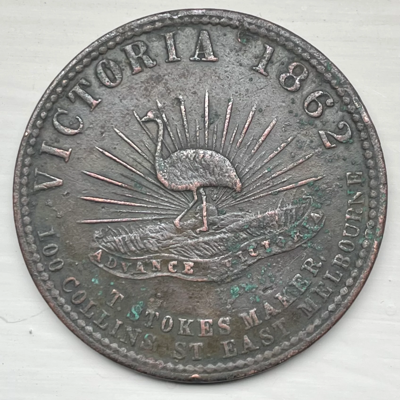 Australia 1862 Stokes "In Vino Virtitas" 1d Penny Token Emu reverse - Image 2