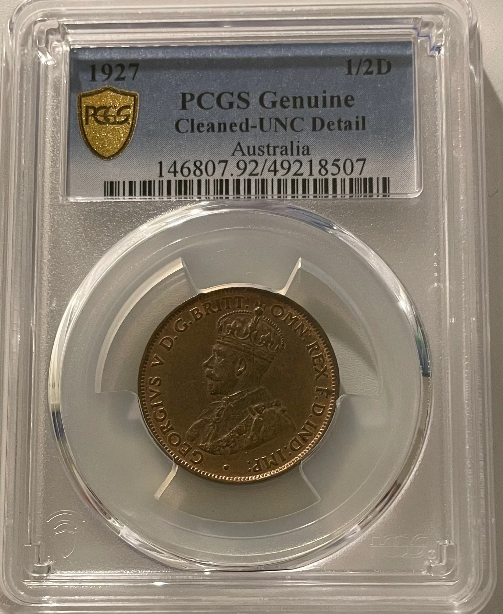 Australia 1927 Half Penny 1/2d PCGS Graded Cleaned Uncirculated - Image 2