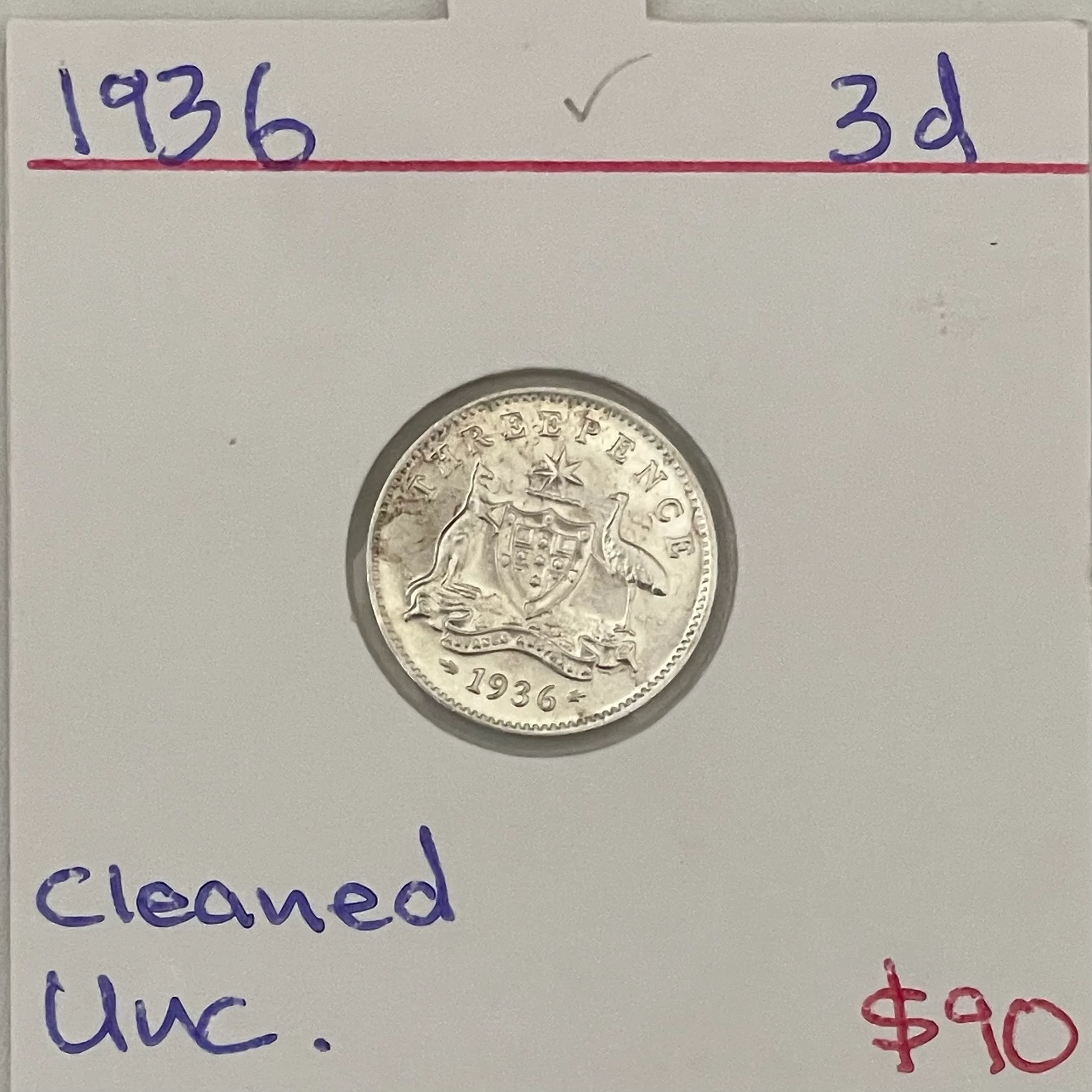 Australia 1936 3d Threepence Silver Coin Uncirculated Condition
