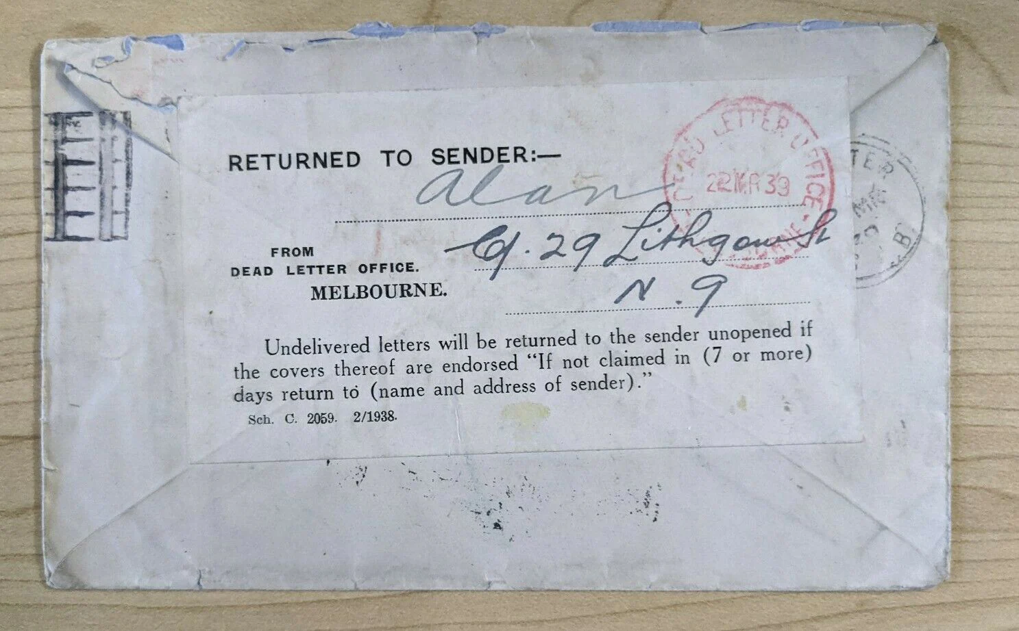 Australia 1939 Late Use of 5d KGV Stamp on cover to England Returned to Sender - Image 2