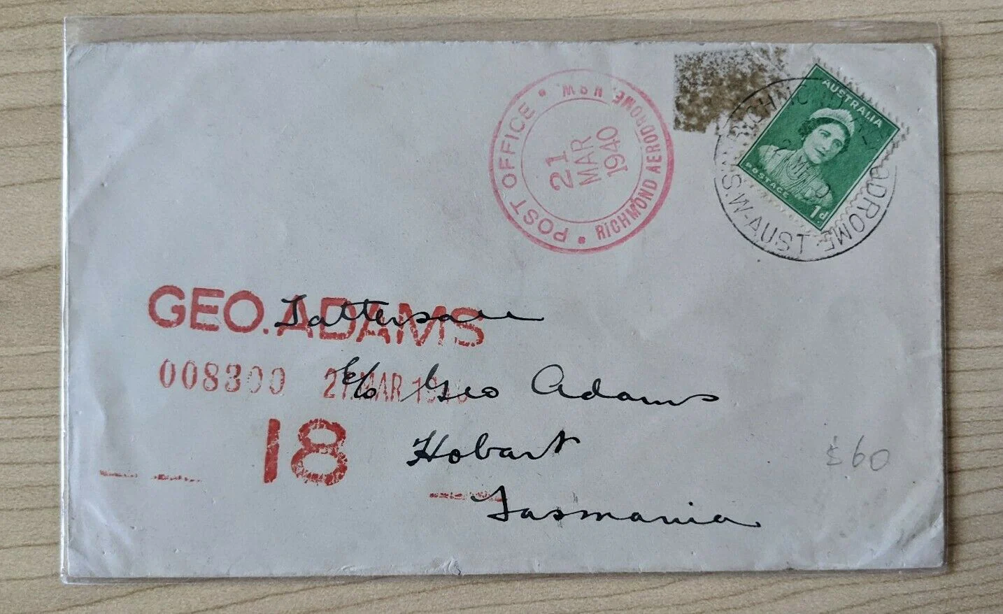 Australia 1940 Cover Richmond Aerodrome scarce postmark to Tattersalls Tasmania