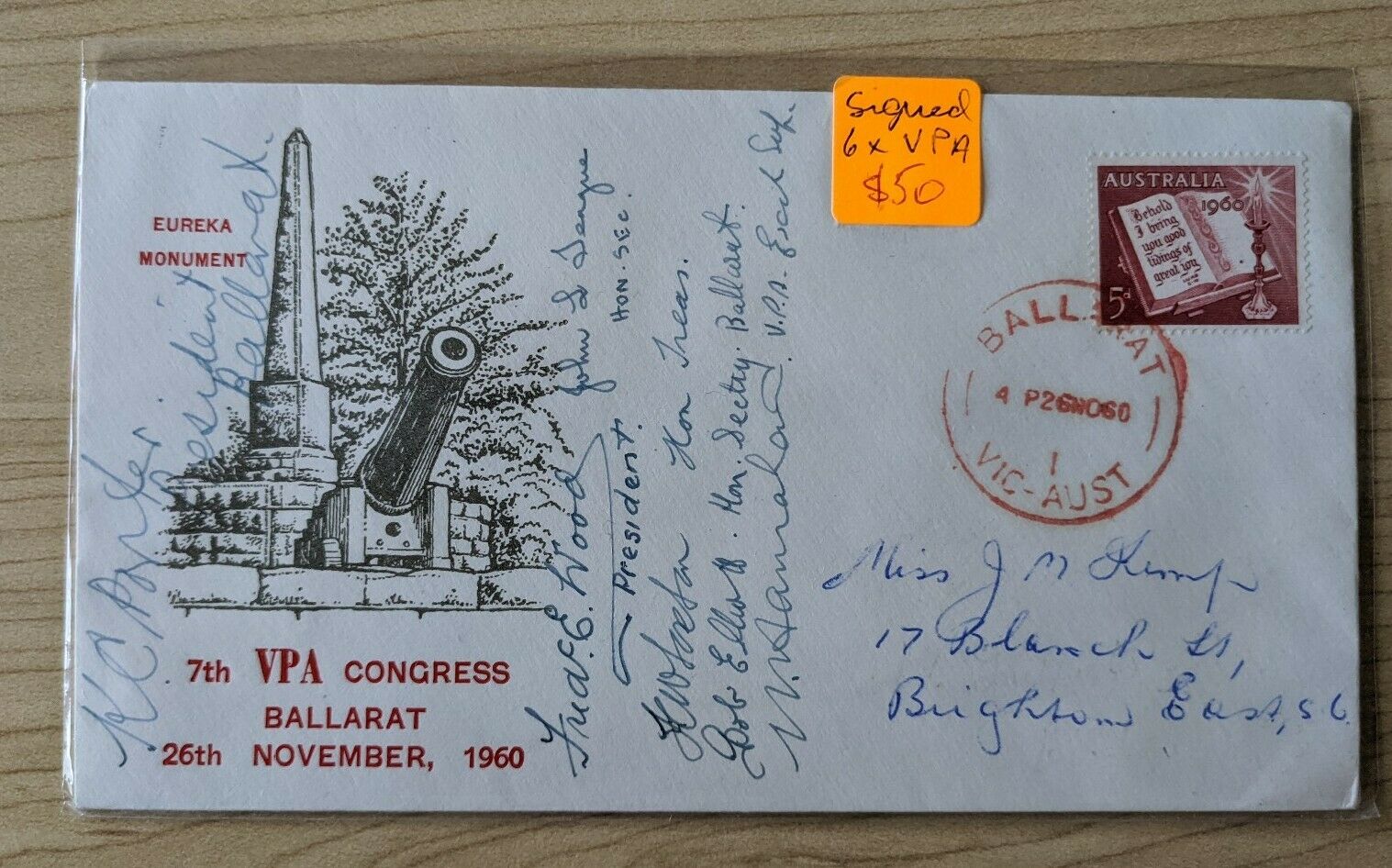 Australia 1960 Eureka Monument Ballarat Cover Signed by 6 VPA officers