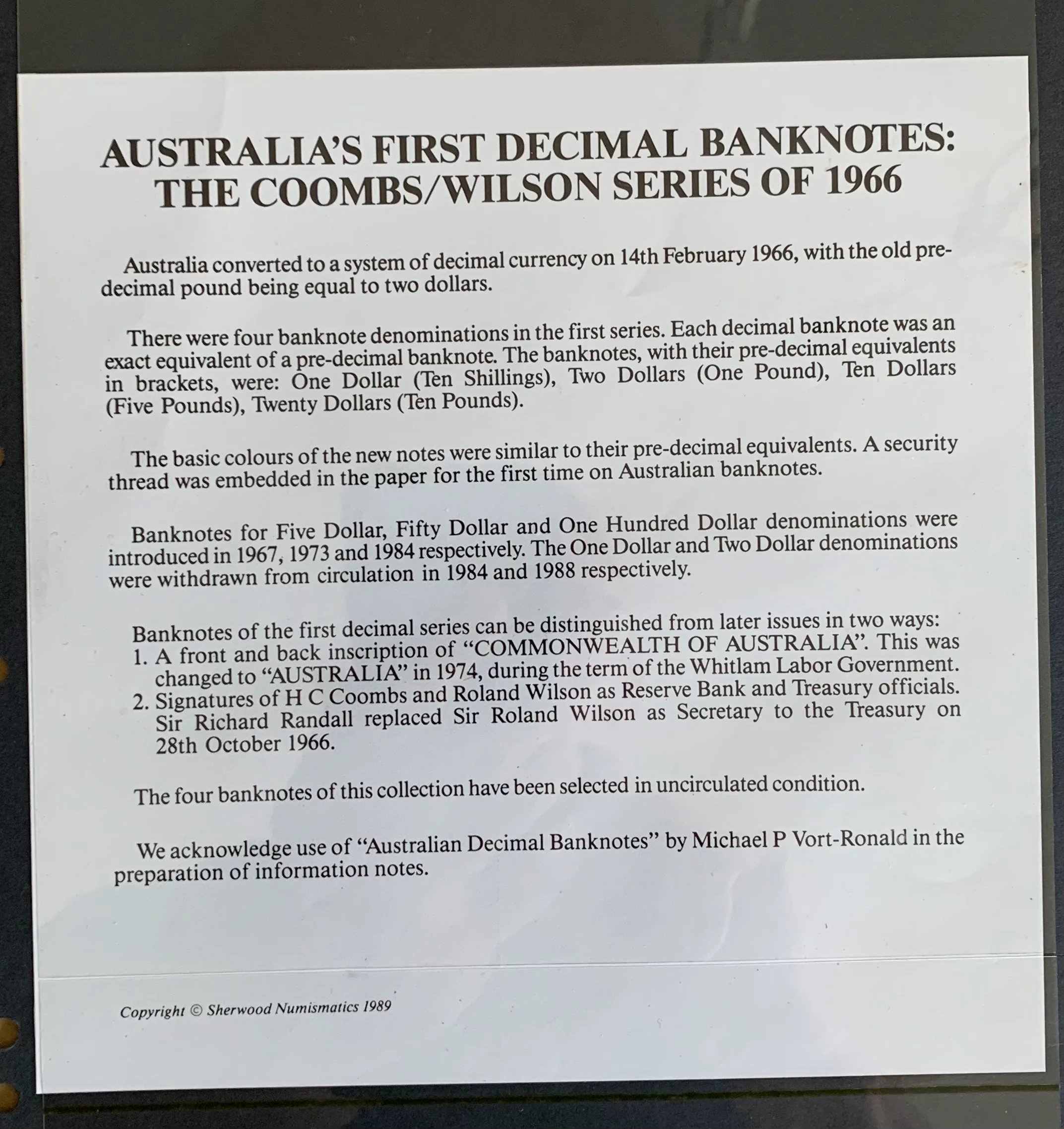 Australia 1966 Sherwood 1st Set of Decimal Australian Banknotes uncirculated - Image 2