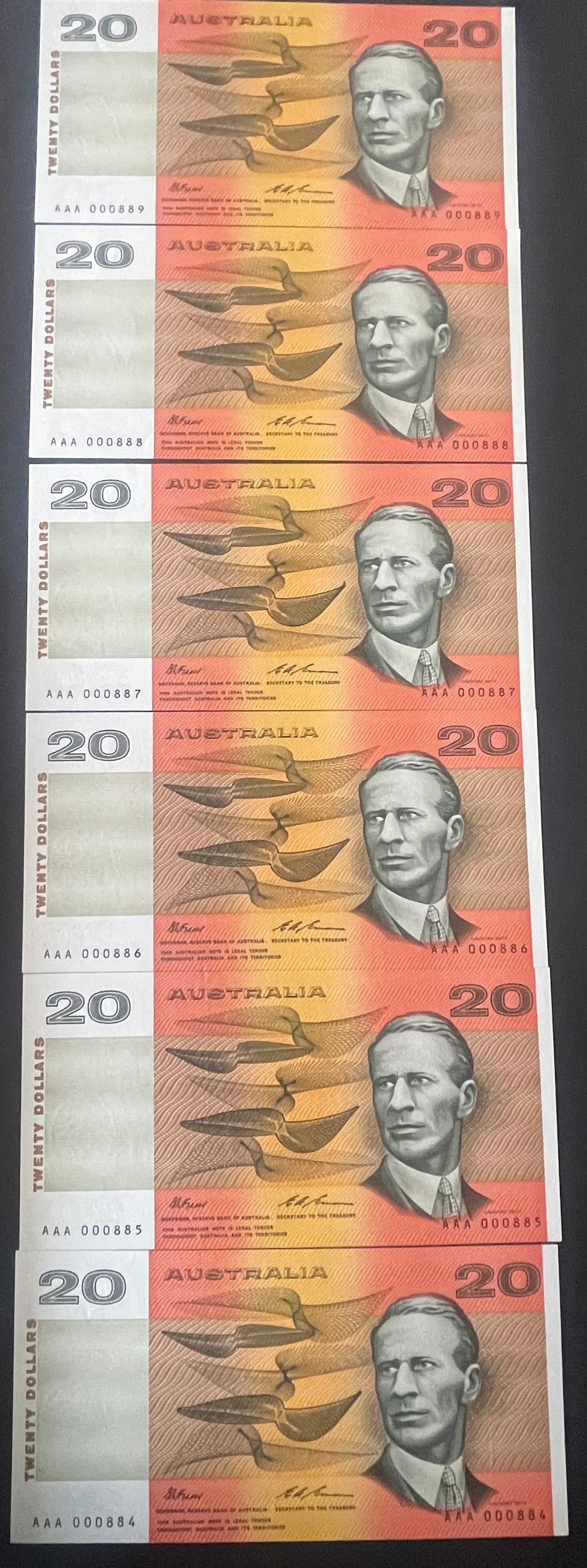 Australia 1991 $20 AAA000 Fraser Cole Uncirculated Run of 6. R413i