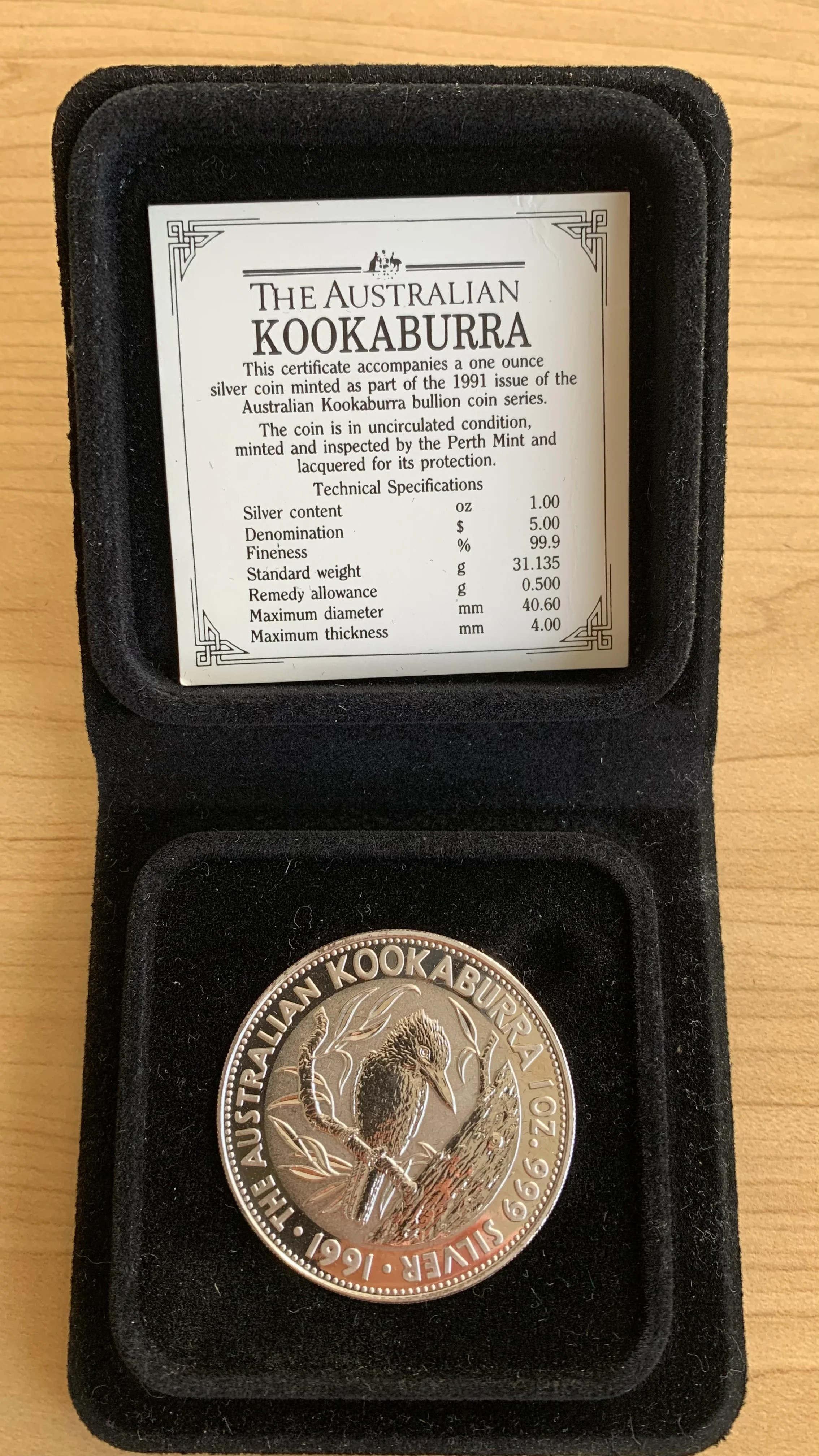 Australia 1991 Perth Mint $5 Kookaburra 1oz Silver Uncirculated Coin