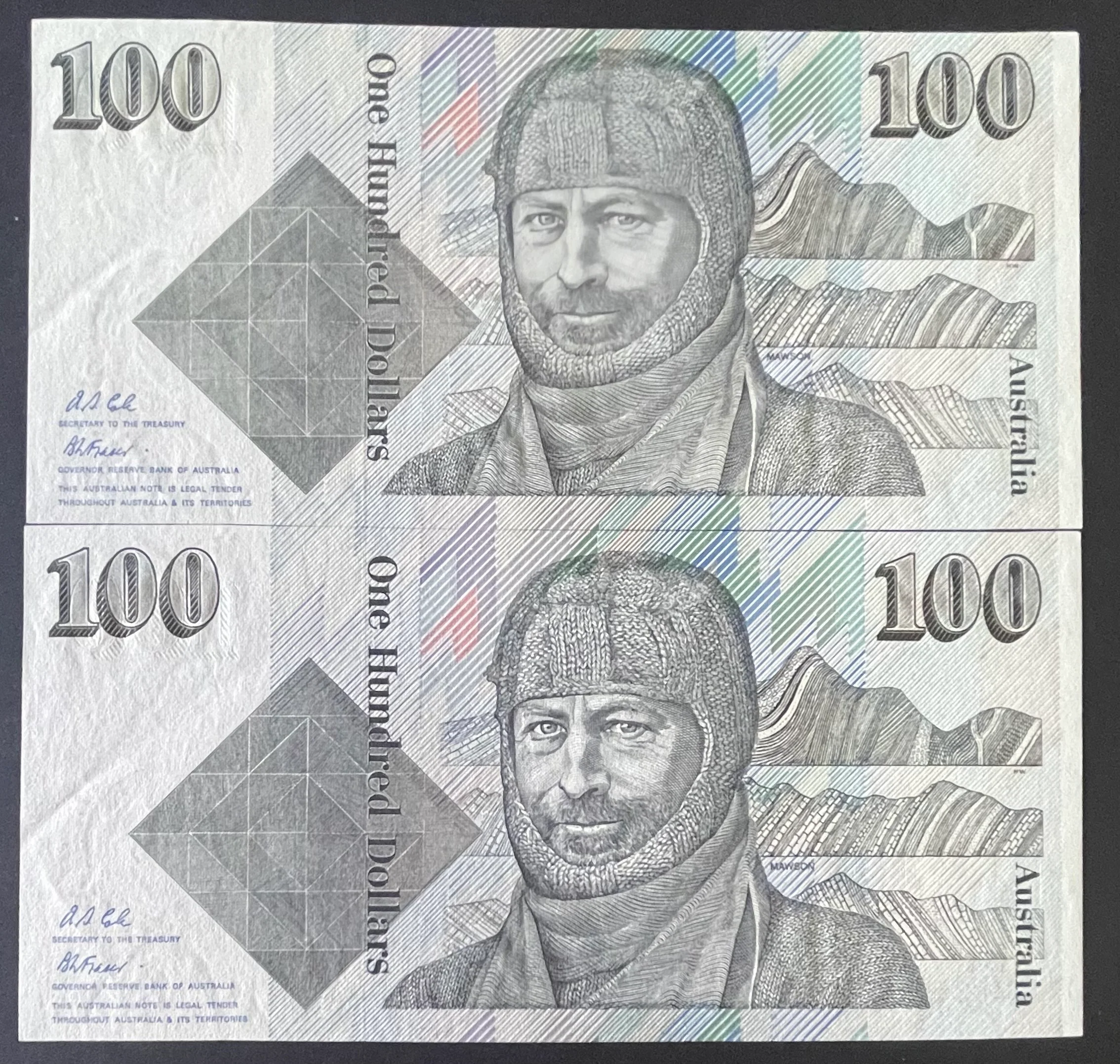 Australia 1996 $100 Mawson Signed Fraser Cole Last Signature Uncirculated Pair R613L - Image 2