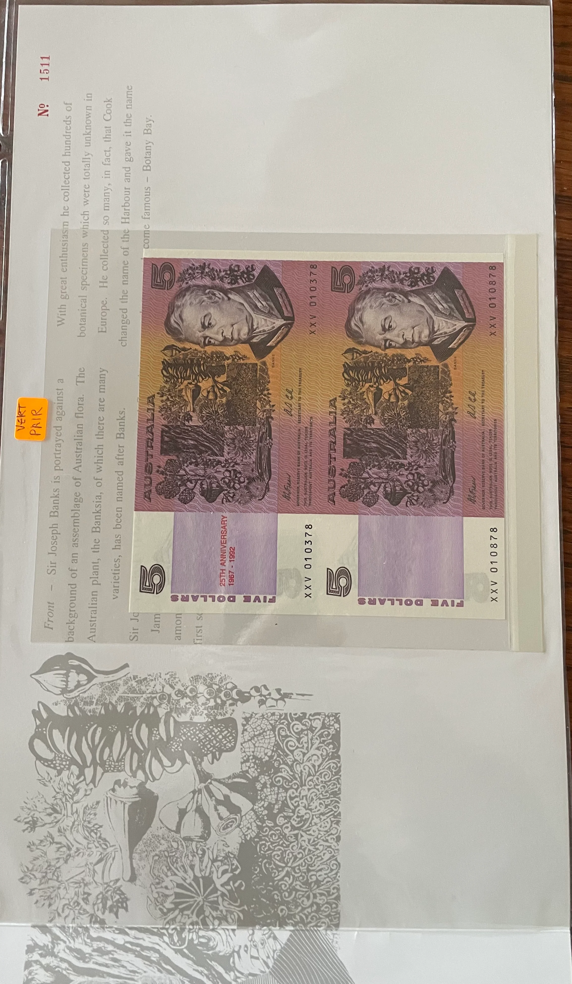 Australia 1992 $5 25th Anniversary Uncut Pair Banknote Folder - Image 3