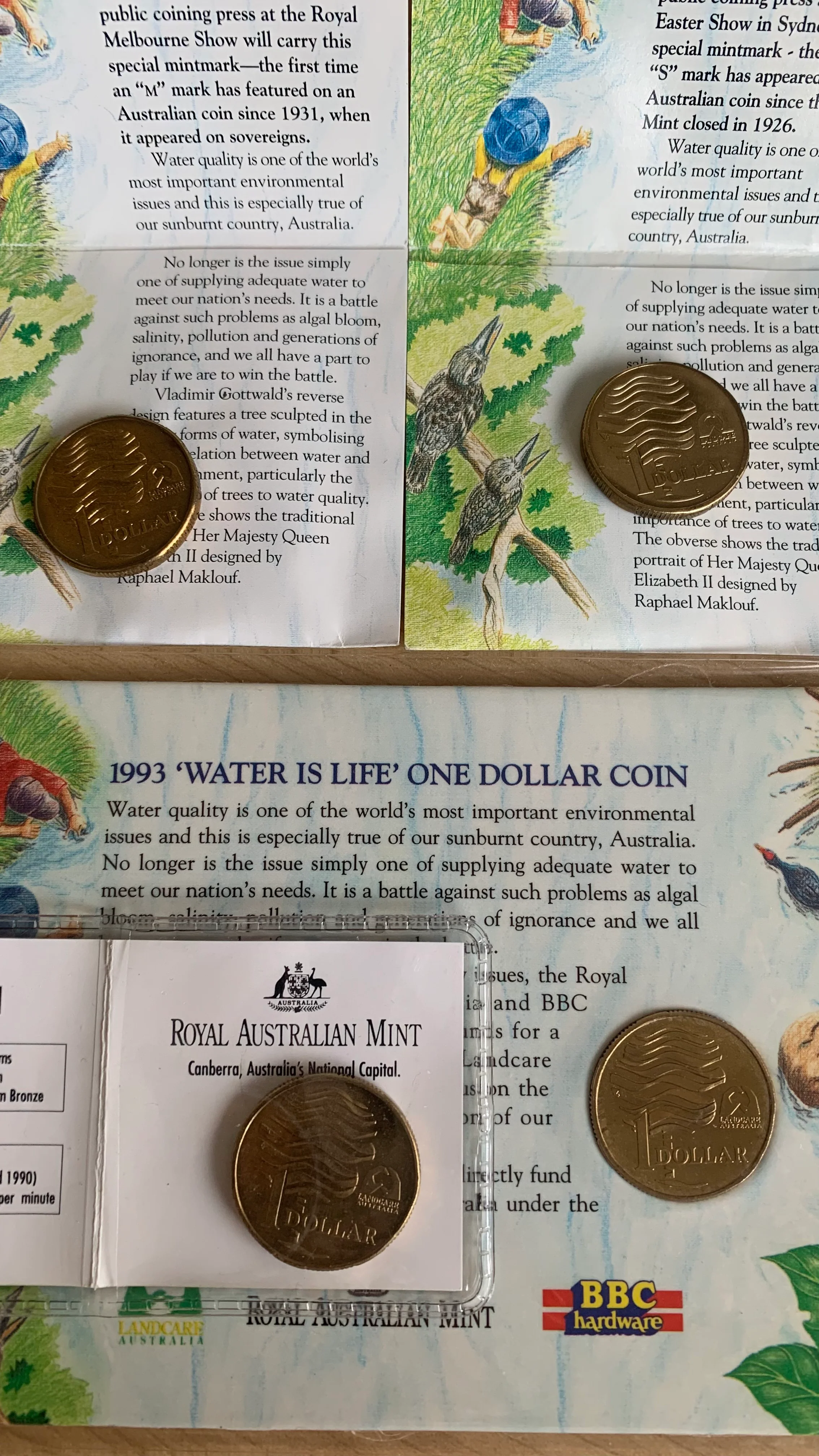 Australia 1993 RAM $1 One Dollar Water Is Life Uncirculated Set of 4 different folders