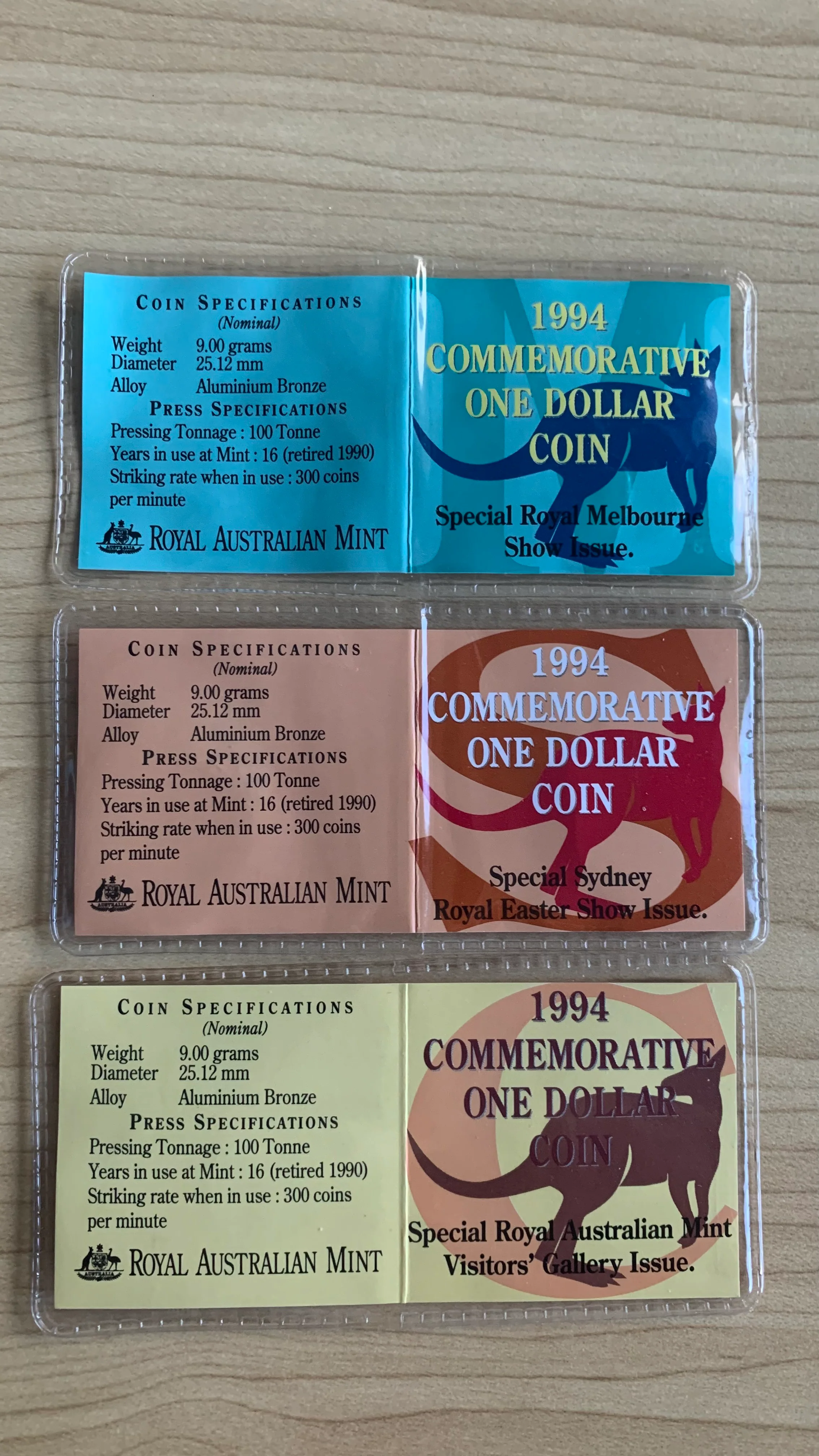 Australia 1994 Royal Australian Mint $1 Decade Dollar Uncirculated Coins C, M, & S mintmarks in RAM folder set of 3 - Image 2