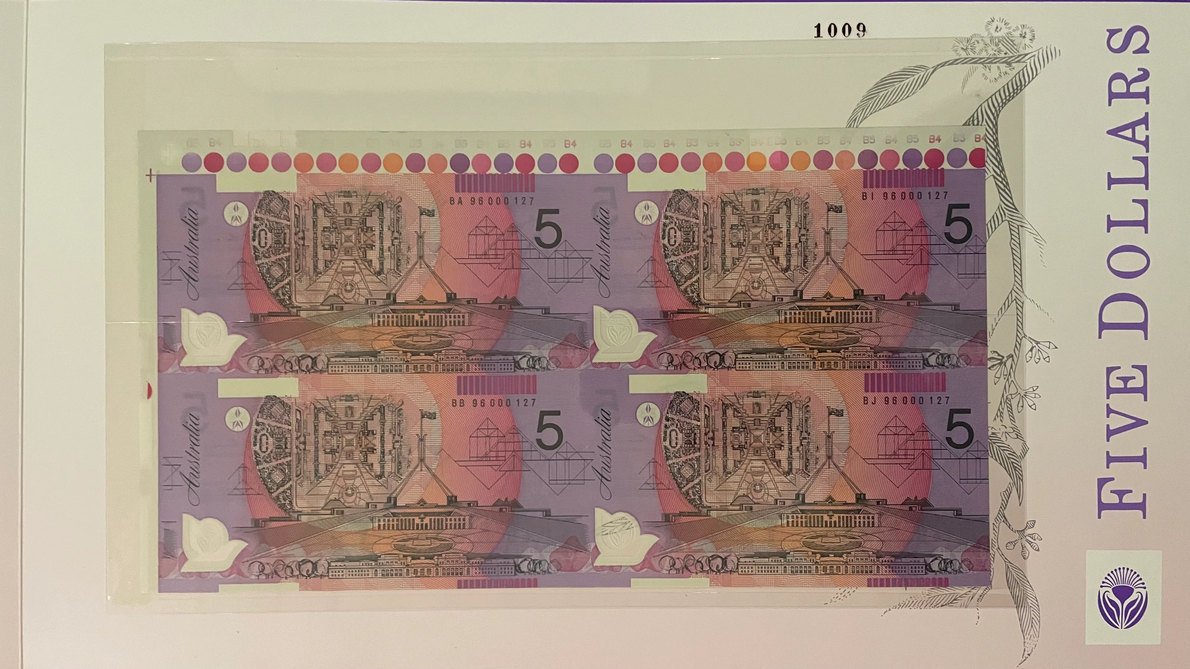 Australia 1996 $5 Polymer Fraser/Evans Uncut Block of 4 Black serial number Banknote - Image 2