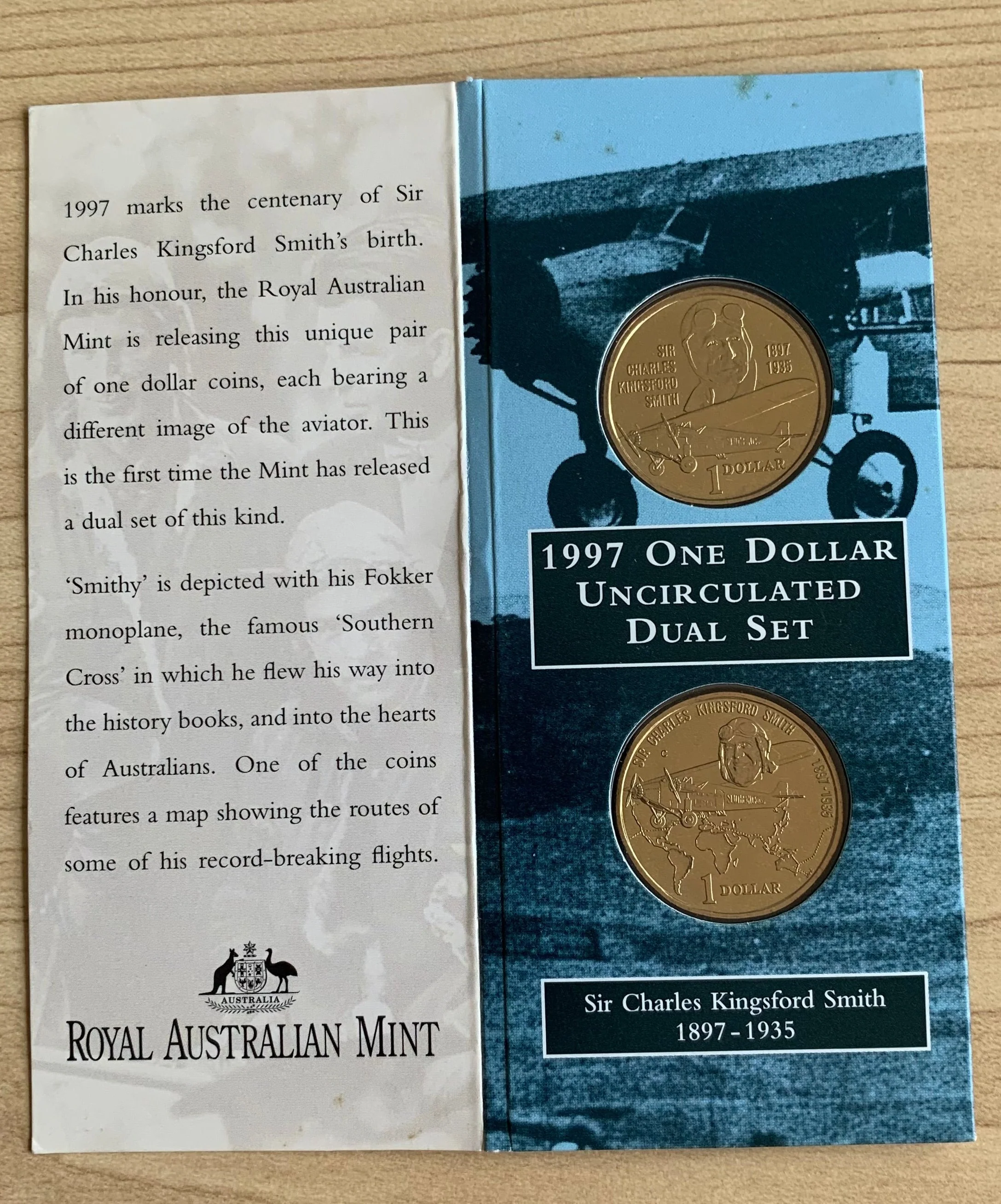 Australia 1997 $1 Sir Charles Kingsford Smith Uncirculated 2 Coin folder - Image 2