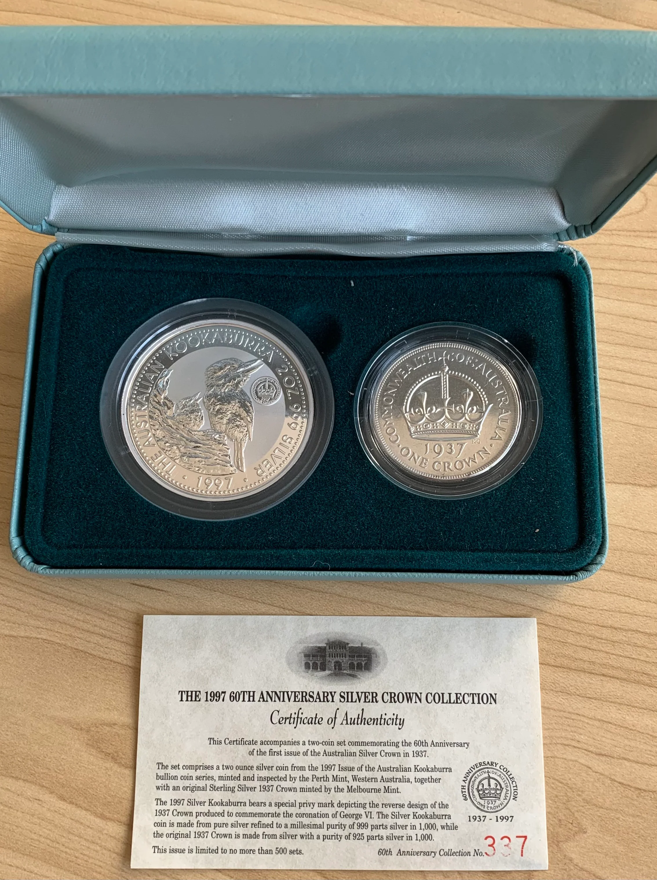 Australia 1997 Perth Mint $2 Kookaburra 1937 Crown Privy mark 2oz Silver Proof Coin & 1937 Crown .925 Silver