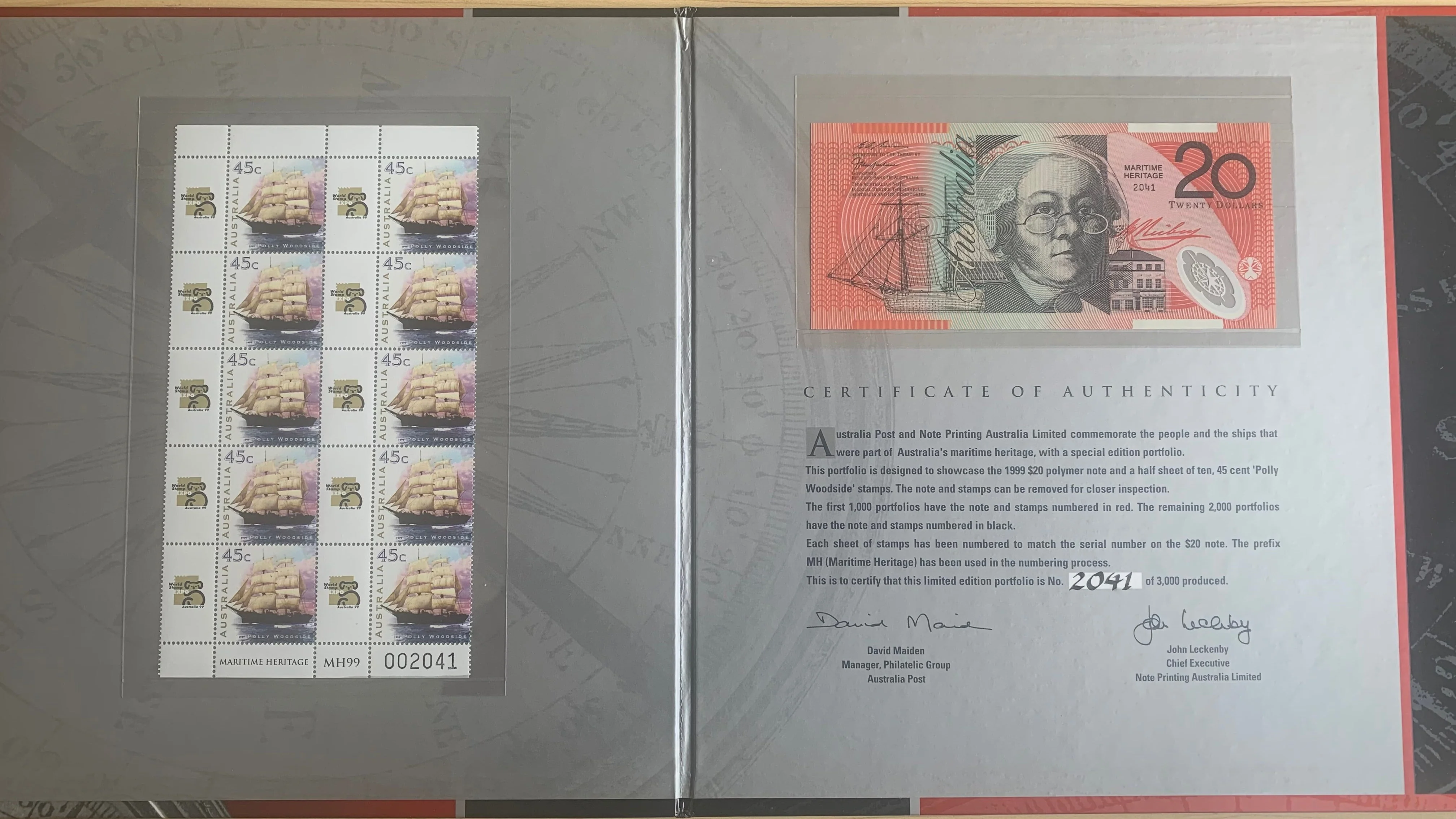 1999 $20 Maritime Heritage overprint in Black on Polymer Note in Portfolio folder with stamps