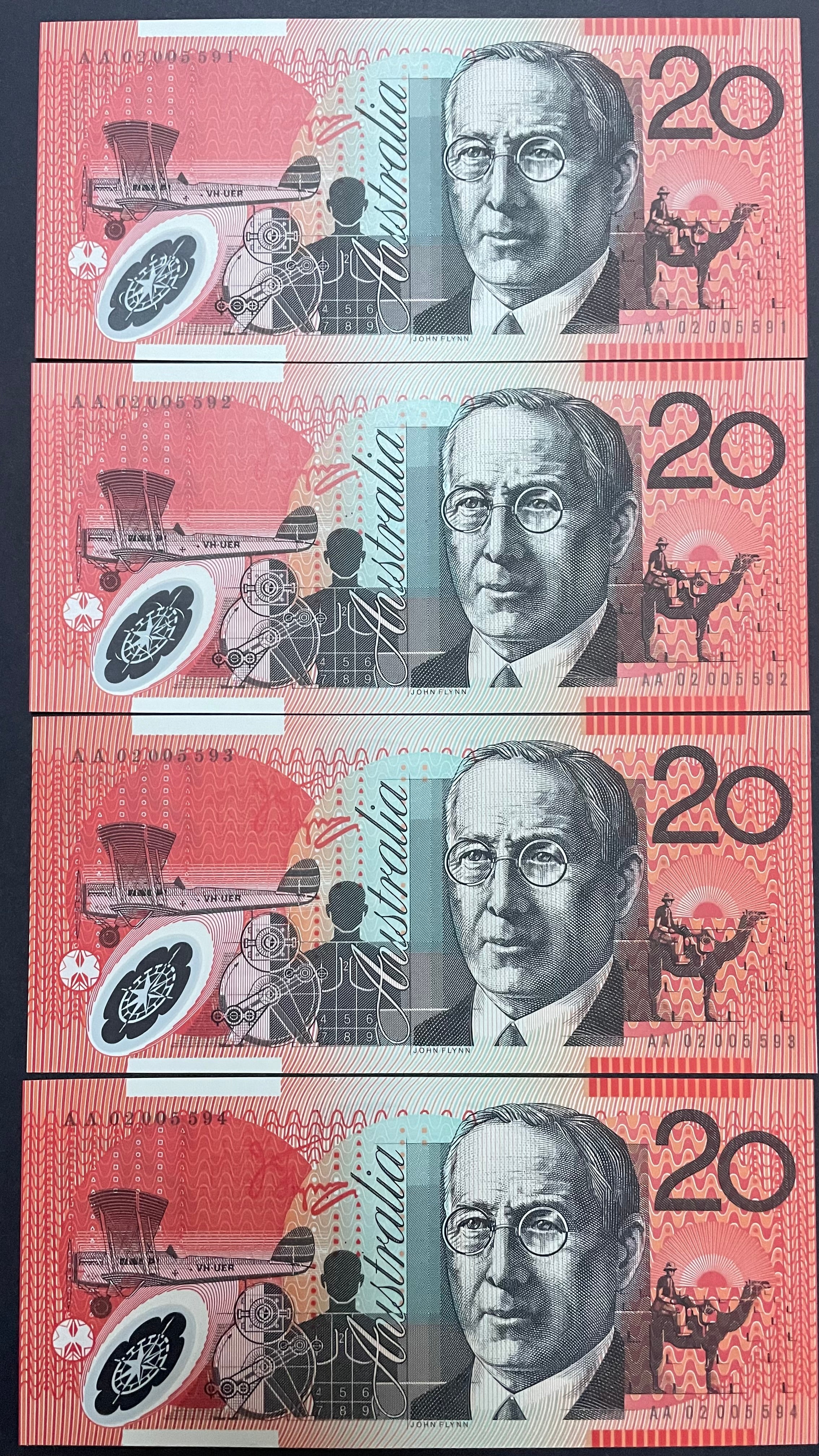 Australia 2002 $20 Macfarlane Henry Polymer First Prefix AA02 Run of 4 R420aF